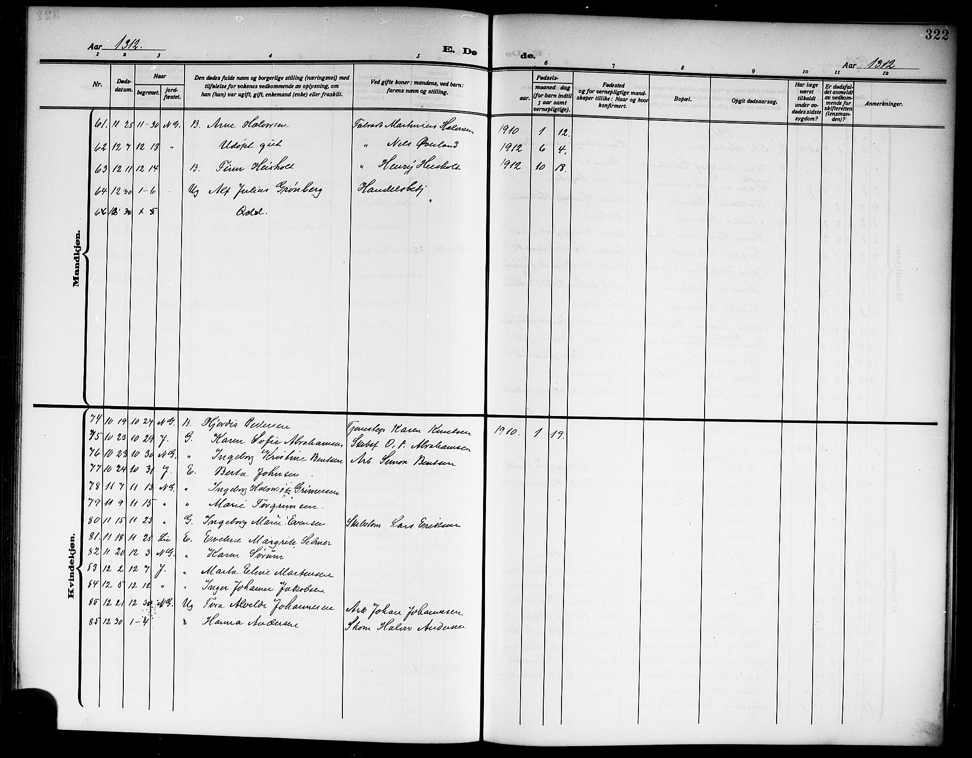 Skien kirkebøker, SAKO/A-302/G/Ga/L0009: Parish register (copy) no. 9, 1910-1920, p. 322