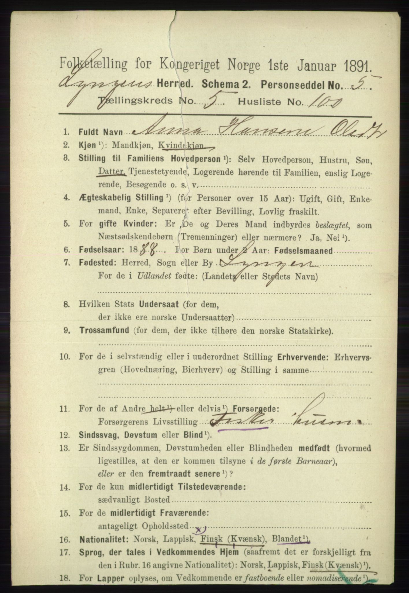 RA, 1891 census for 1938 Lyngen, 1891, p. 5087