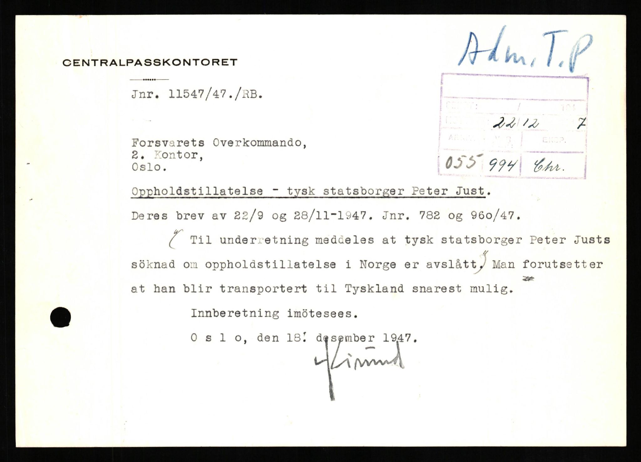 Forsvaret, Forsvarets overkommando II, AV/RA-RAFA-3915/D/Db/L0015: CI Questionaires. Tyske okkupasjonsstyrker i Norge. Tyskere., 1945-1946, p. 231