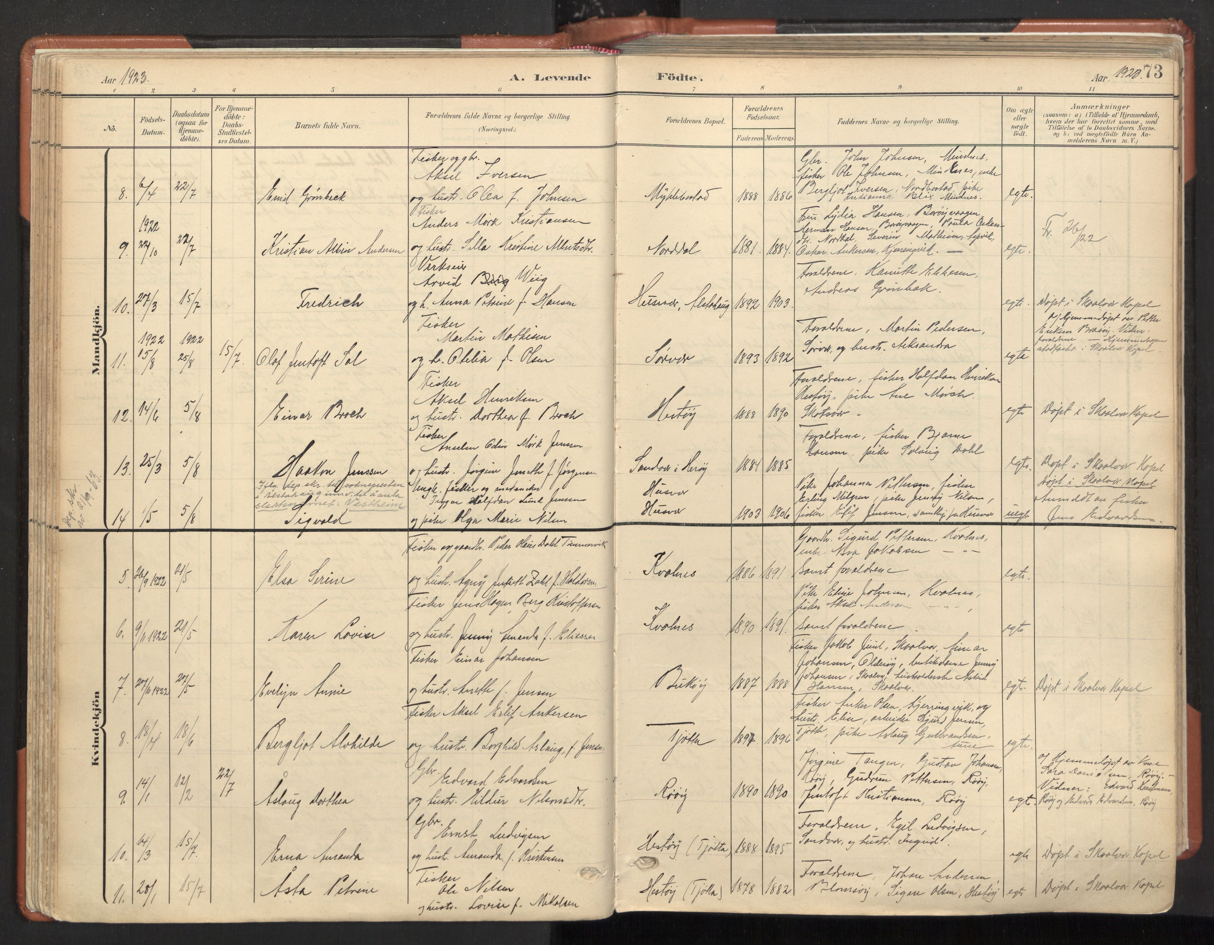 Ministerialprotokoller, klokkerbøker og fødselsregistre - Nordland, AV/SAT-A-1459/817/L0265: Parish register (official) no. 817A05, 1908-1944, p. 73
