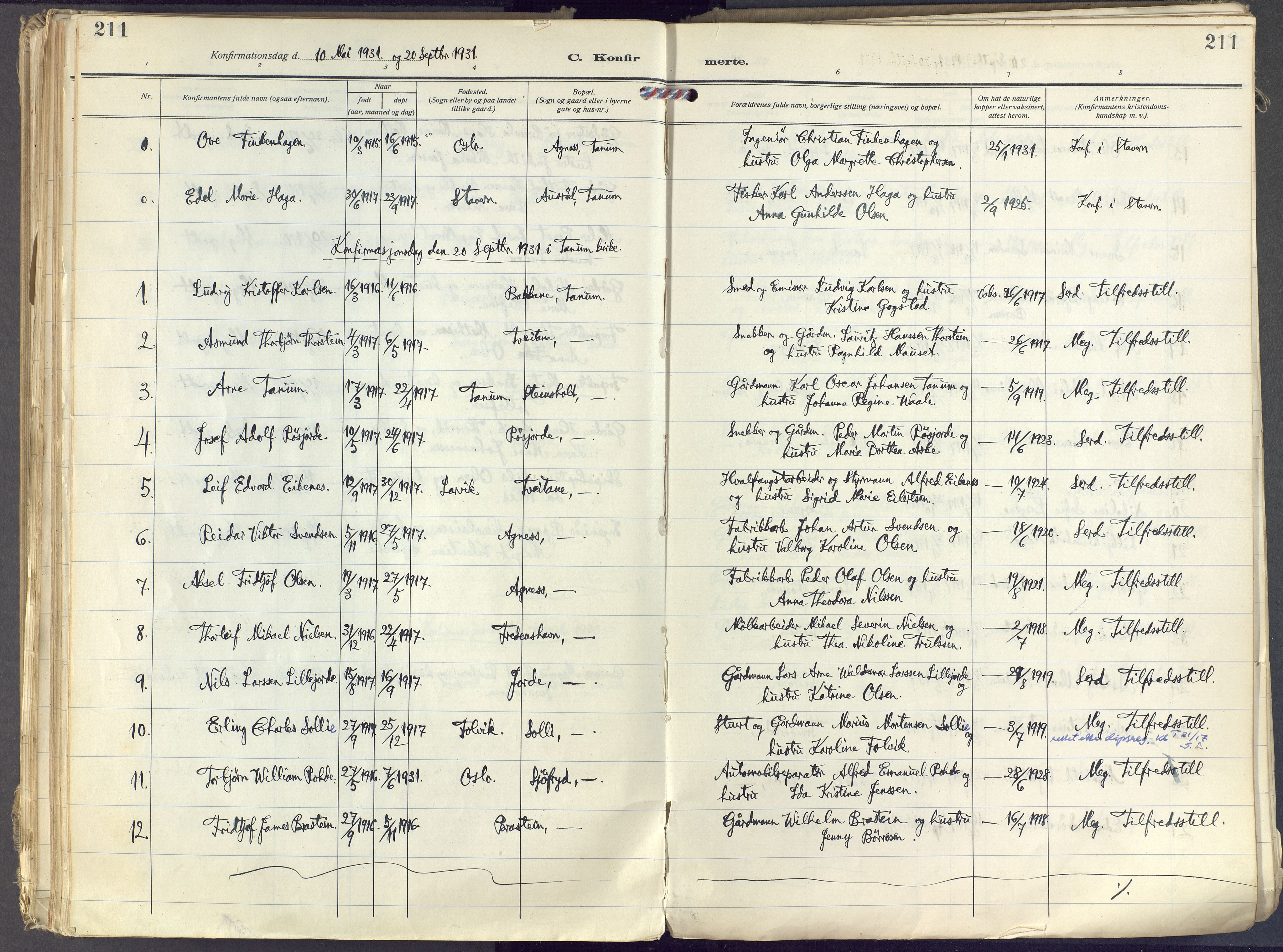 Brunlanes kirkebøker, SAKO/A-342/F/Fc/L0004: Parish register (official) no. III 4, 1923-1943, p. 211