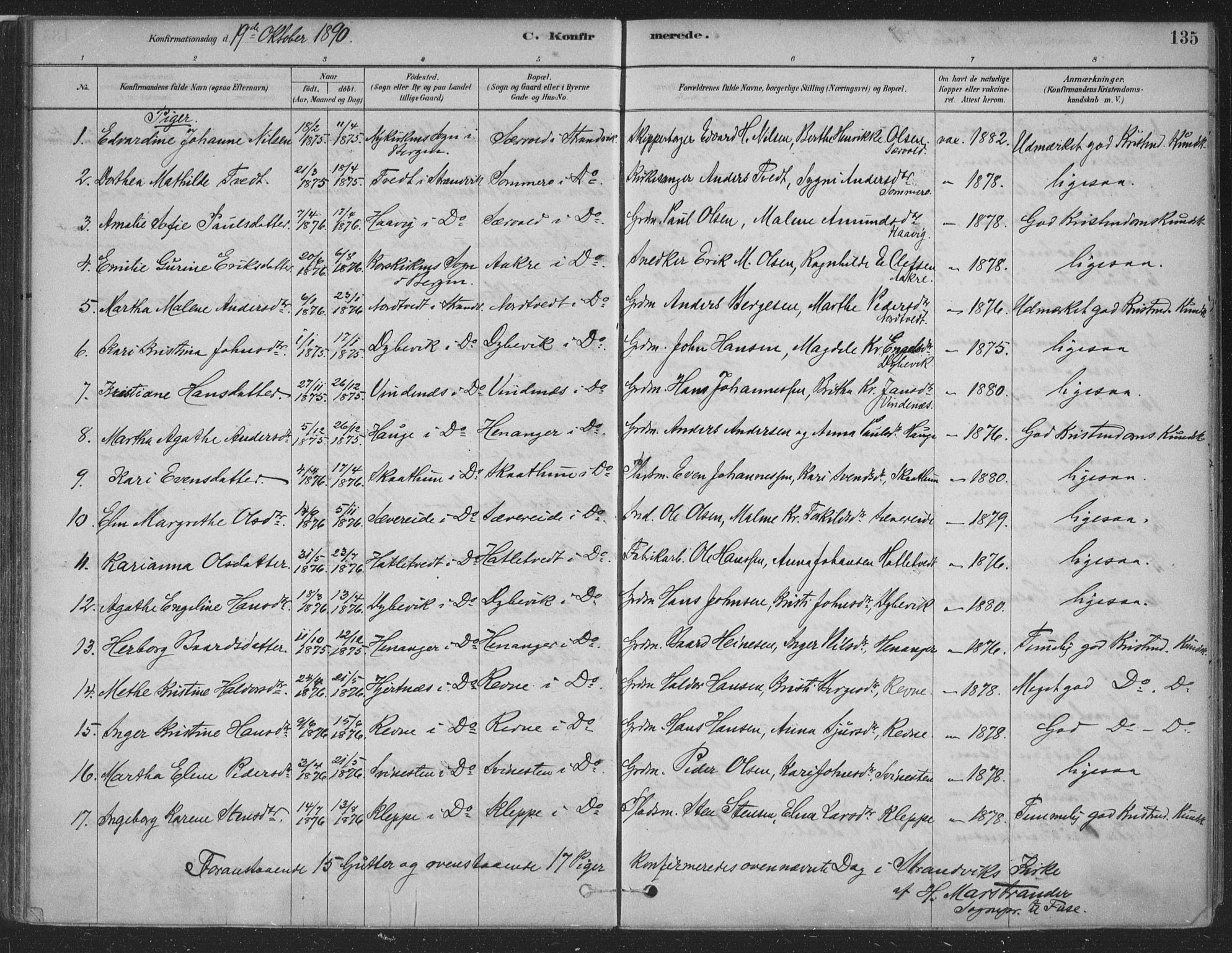 Fusa sokneprestembete, SAB/A-75401/H/Haa: Parish register (official) no. D 1, 1880-1938, p. 135