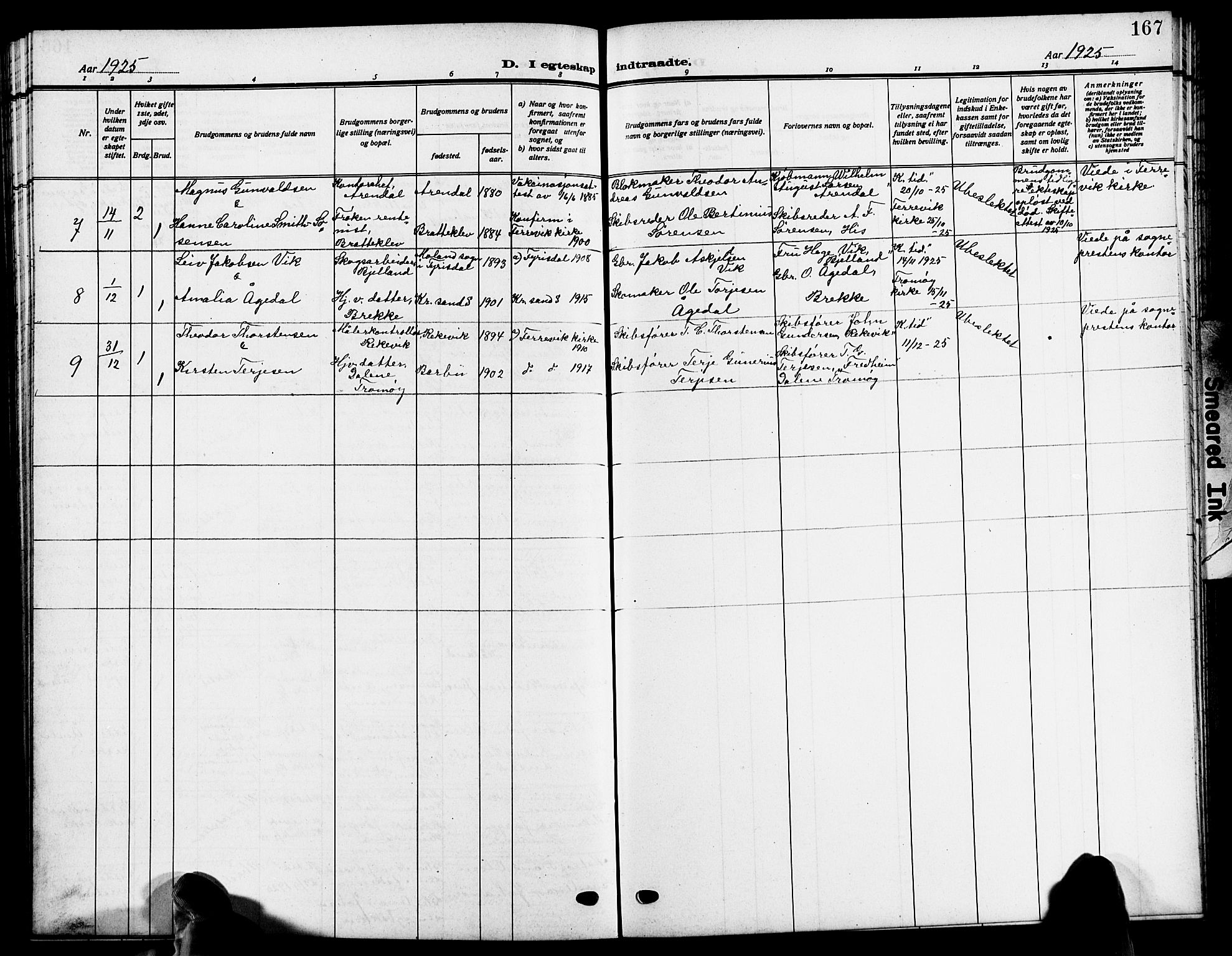 Tromøy sokneprestkontor, AV/SAK-1111-0041/F/Fb/L0007: Parish register (copy) no. B 7, 1908-1925, p. 167