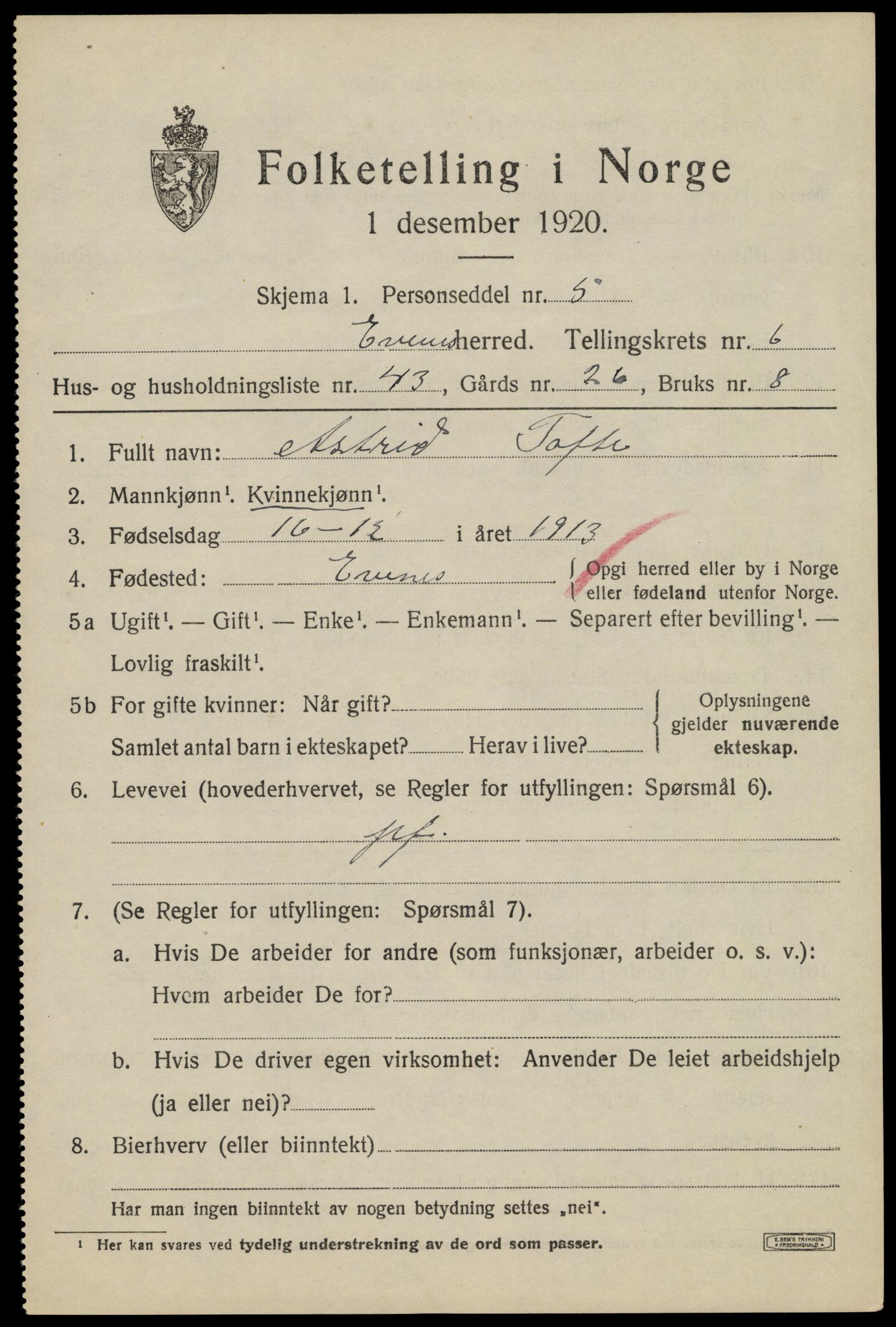 SAT, 1920 census for Evenes, 1920, p. 6020