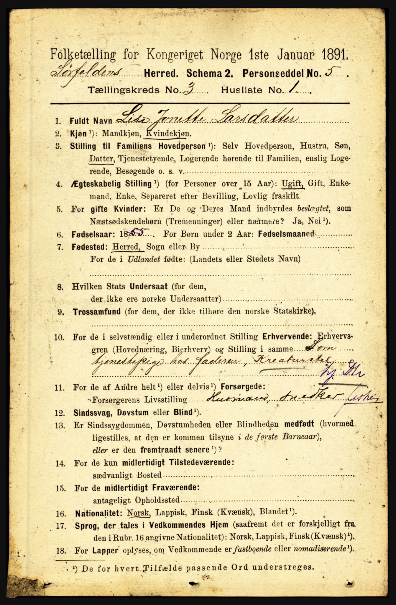 RA, 1891 census for 1845 Sørfold, 1891, p. 459