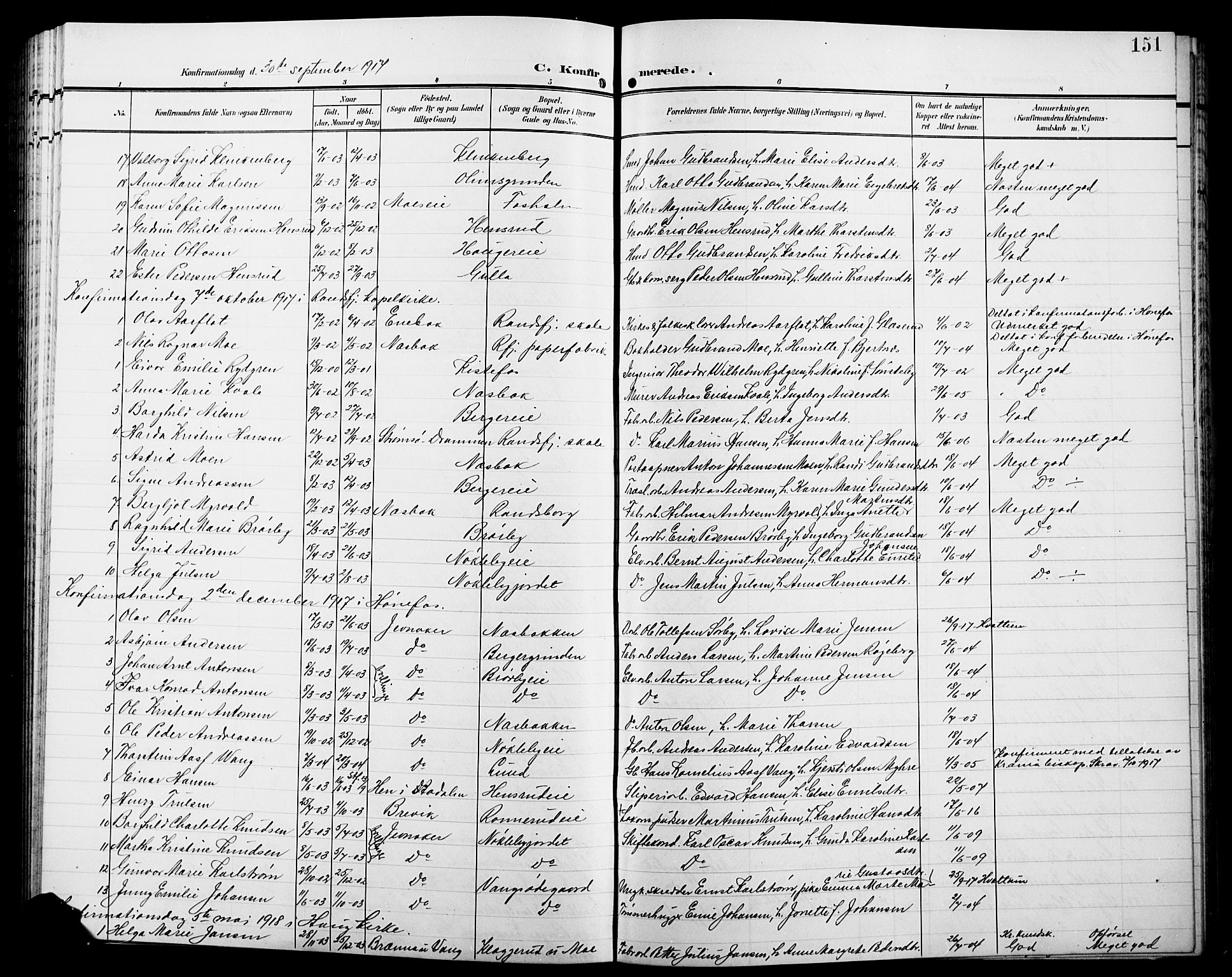 Jevnaker prestekontor, SAH/PREST-116/H/Ha/Hab/L0004: Parish register (copy) no. 4, 1907-1918, p. 151