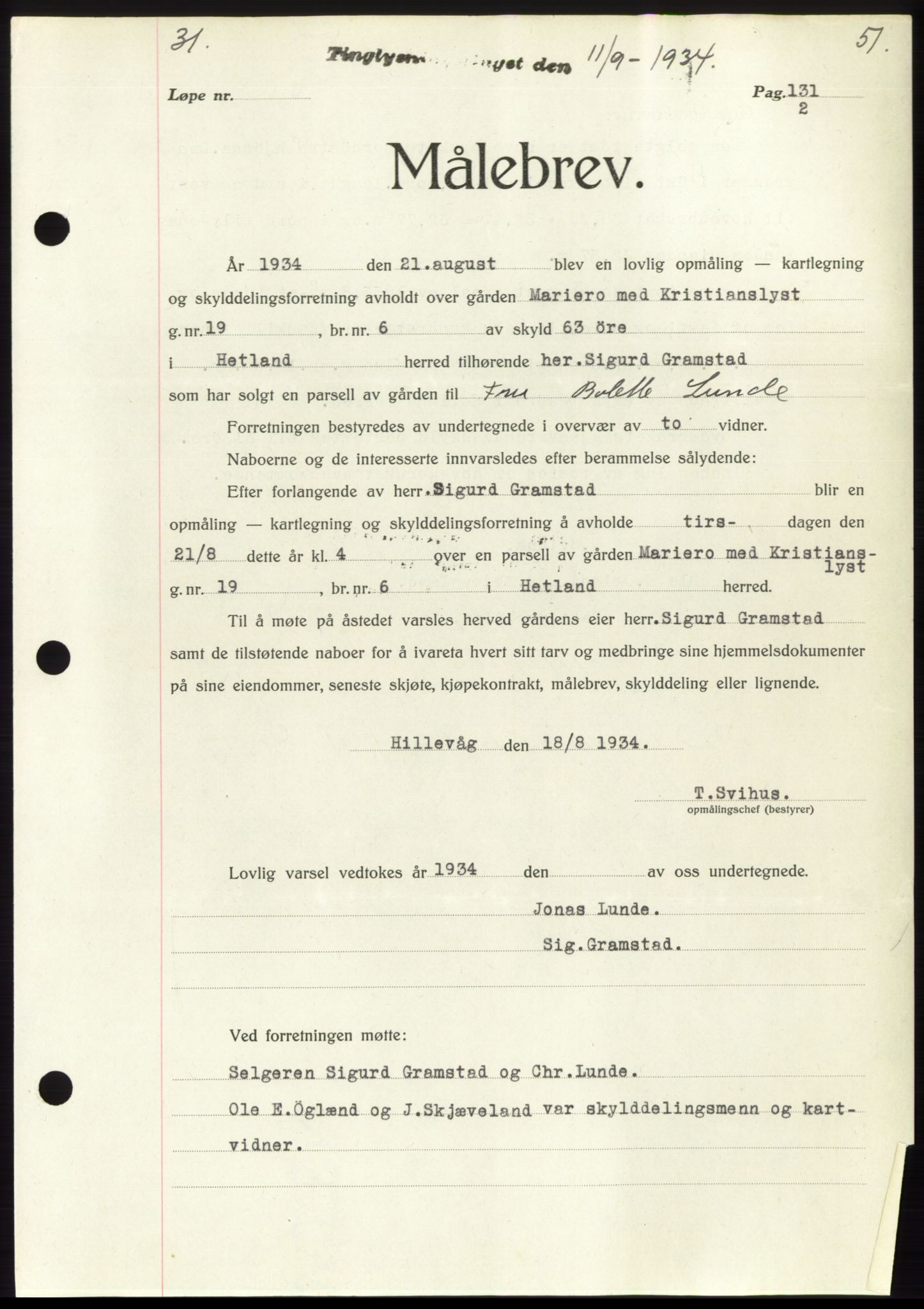 Jæren sorenskriveri, SAST/A-100310/03/G/Gba/L0062: Mortgage book no. 65, 1934-1934, Deed date: 11.09.1934