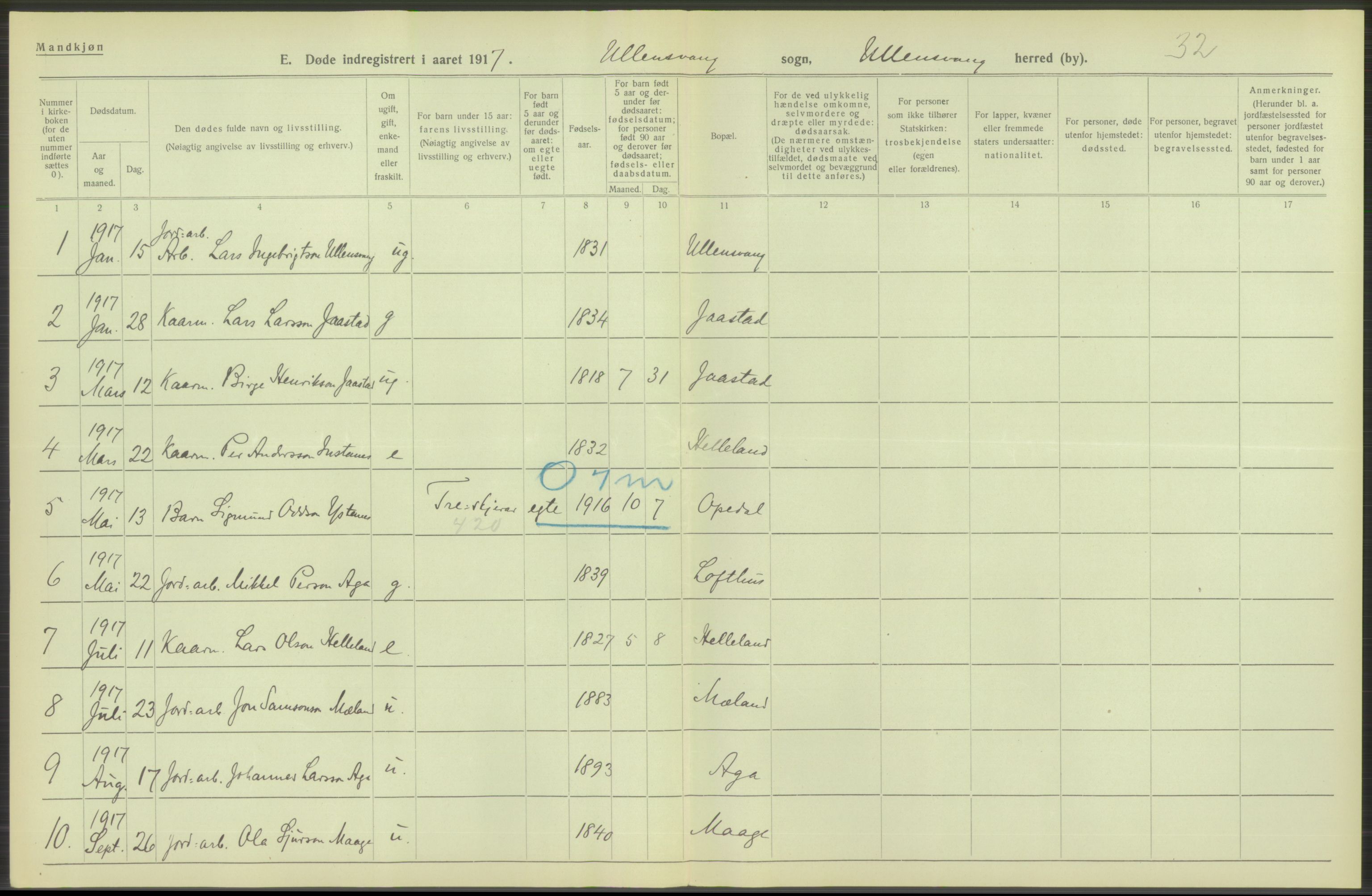 Statistisk sentralbyrå, Sosiodemografiske emner, Befolkning, RA/S-2228/D/Df/Dfb/Dfbg/L0036: S. Bergenhus amt: Døde, dødfødte. Bygder., 1917, p. 620