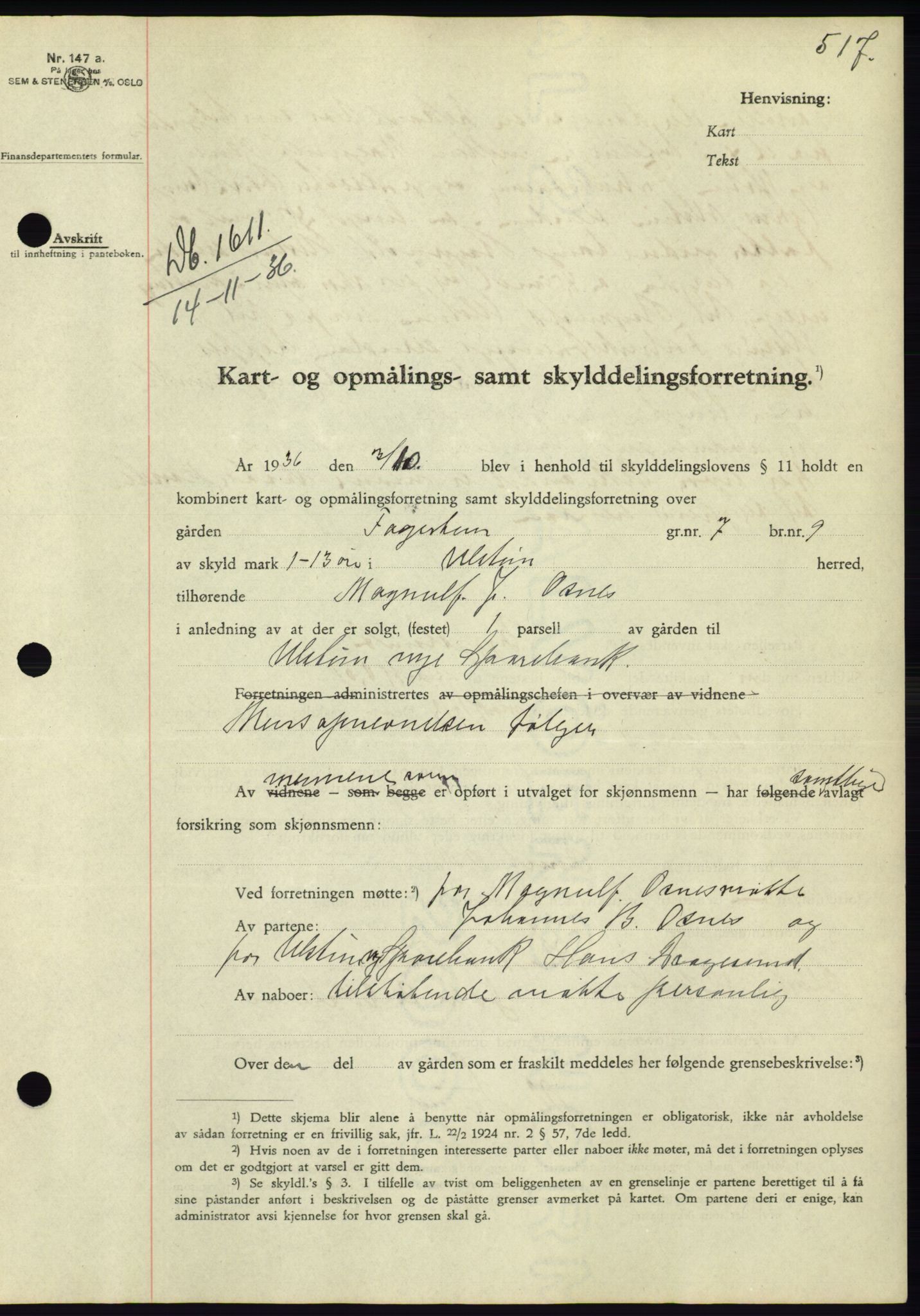 Søre Sunnmøre sorenskriveri, AV/SAT-A-4122/1/2/2C/L0061: Mortgage book no. 55, 1936-1936, Diary no: : 1611/1936