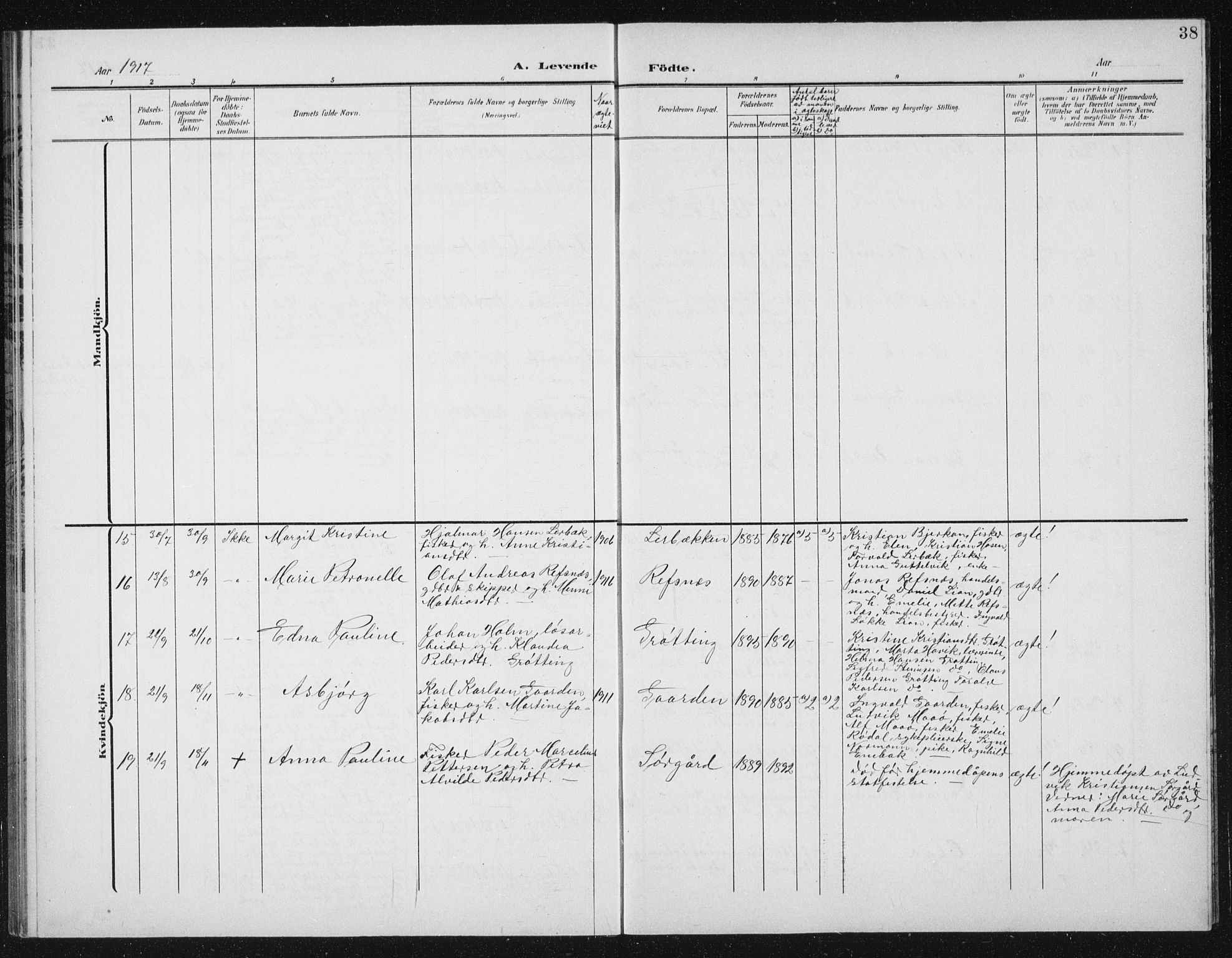 Ministerialprotokoller, klokkerbøker og fødselsregistre - Sør-Trøndelag, SAT/A-1456/656/L0699: Parish register (copy) no. 656C05, 1905-1920, p. 38