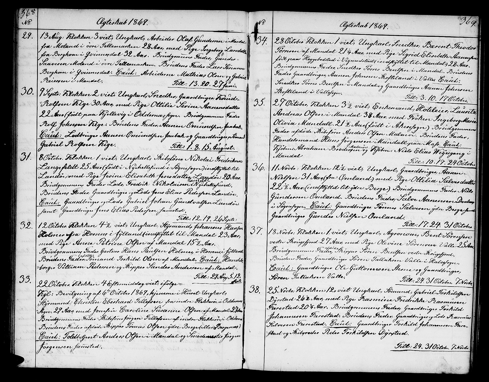 Mandal sokneprestkontor, SAK/1111-0030/F/Fb/Fba/L0009: Parish register (copy) no. B 3, 1867-1877, p. 368-369