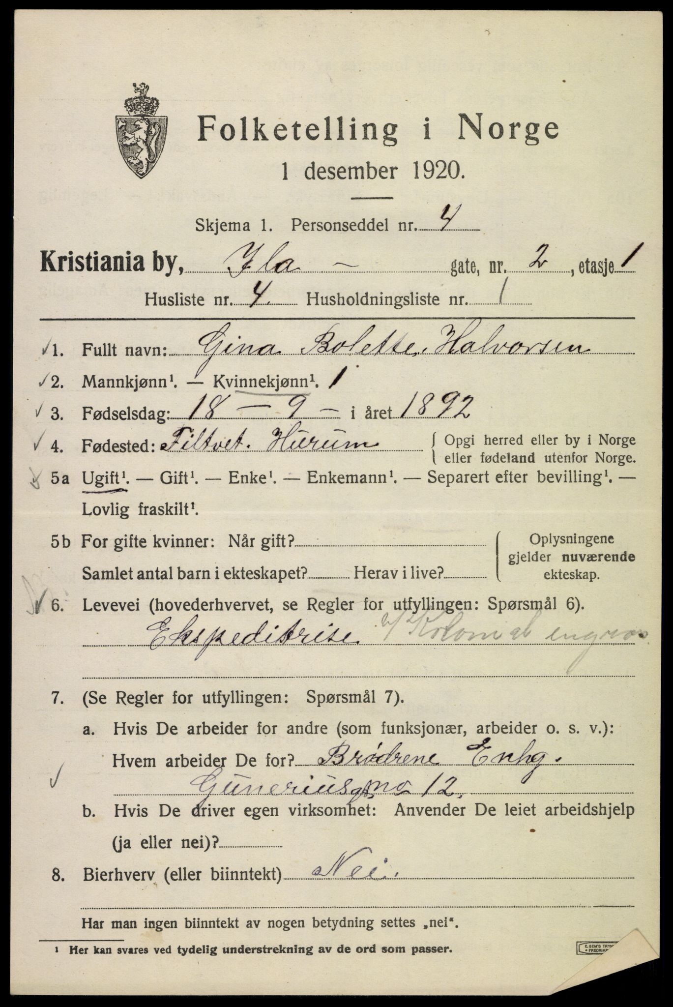SAO, 1920 census for Kristiania, 1920, p. 307443