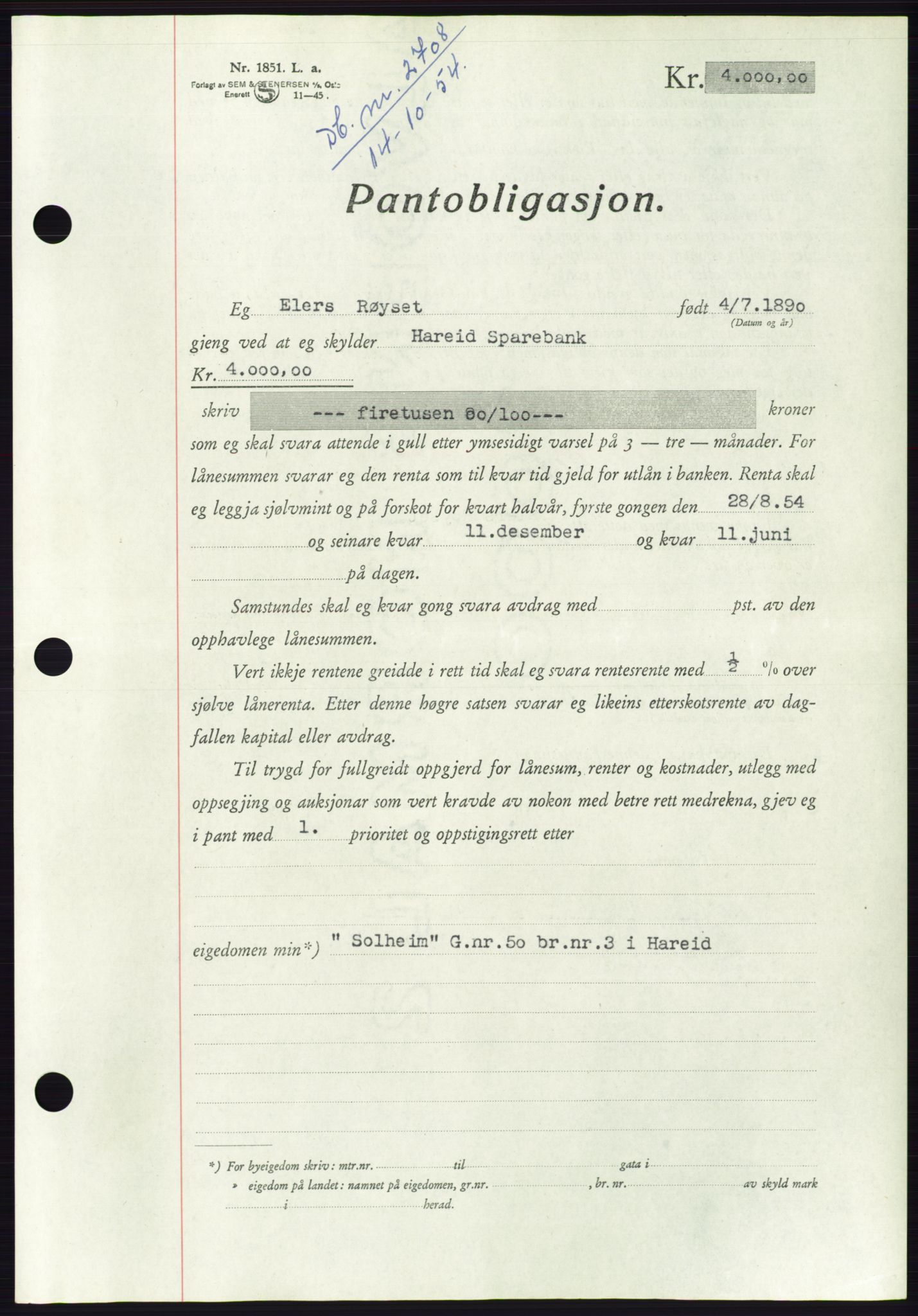 Søre Sunnmøre sorenskriveri, AV/SAT-A-4122/1/2/2C/L0126: Mortgage book no. 14B, 1954-1955, Diary no: : 2708/1954