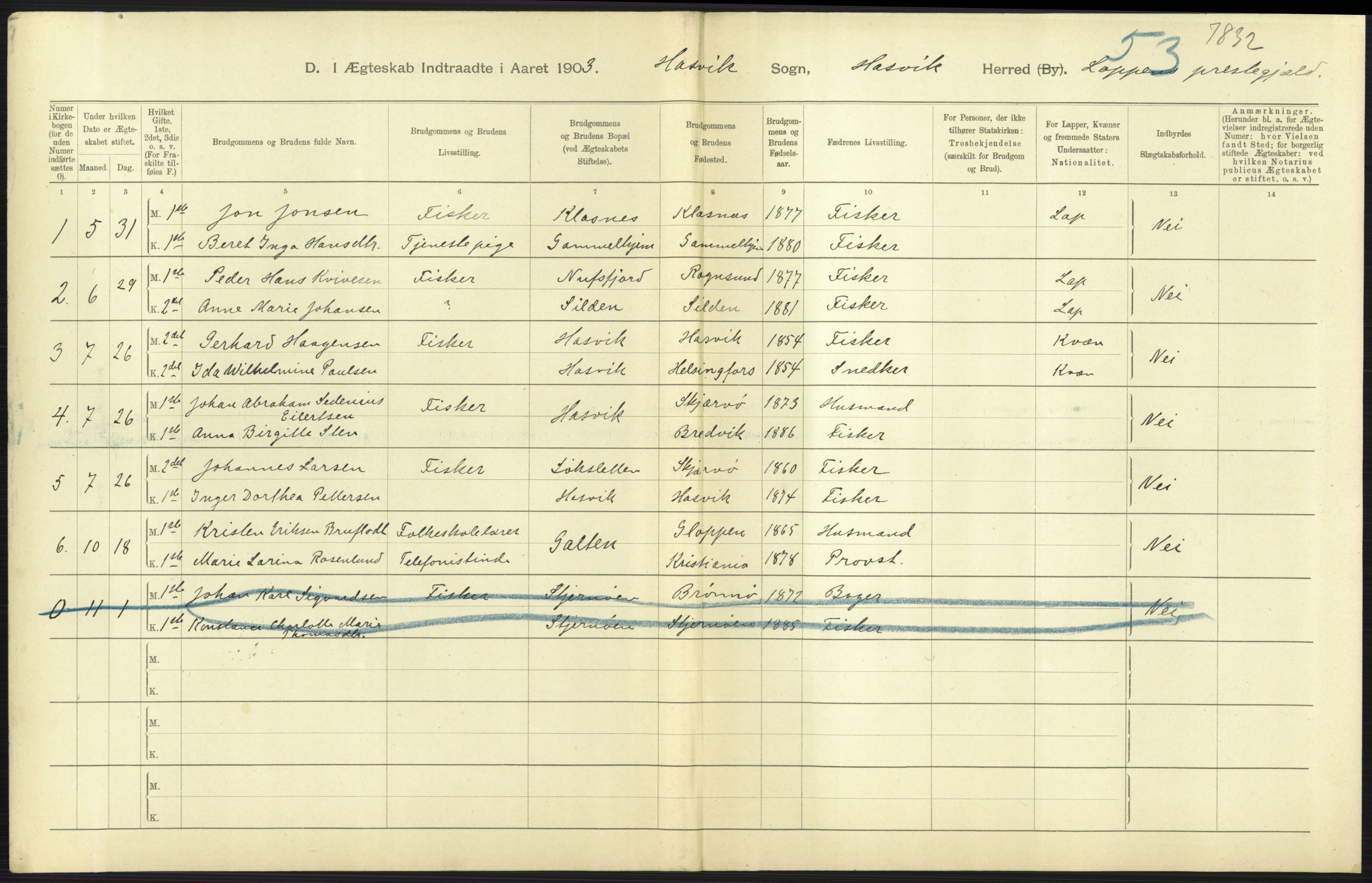 Statistisk sentralbyrå, Sosiodemografiske emner, Befolkning, AV/RA-S-2228/D/Df/Dfa/Dfaa/L0022: Finnmarkens amt: Fødte, gifte, døde., 1903, p. 165