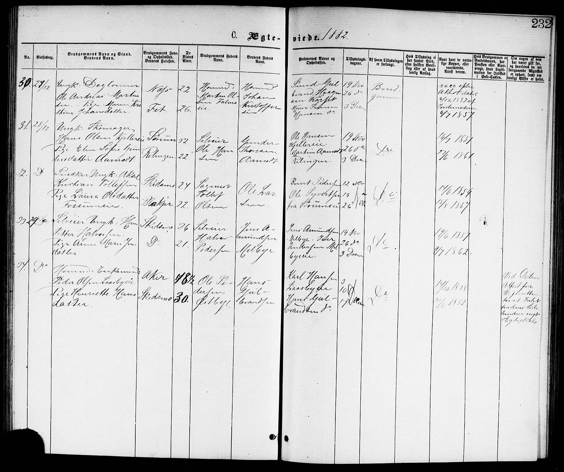 Skedsmo prestekontor Kirkebøker, AV/SAO-A-10033a/G/Ga/L0003: Parish register (copy) no. I 3, 1873-1882, p. 232