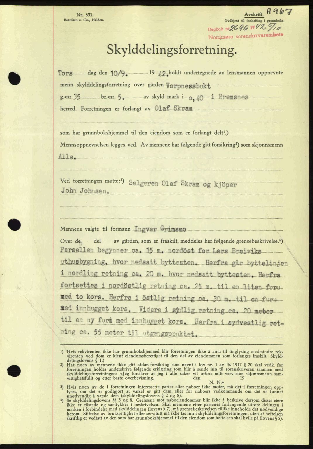 Nordmøre sorenskriveri, AV/SAT-A-4132/1/2/2Ca: Mortgage book no. A93, 1942-1942, Diary no: : 2696/1942