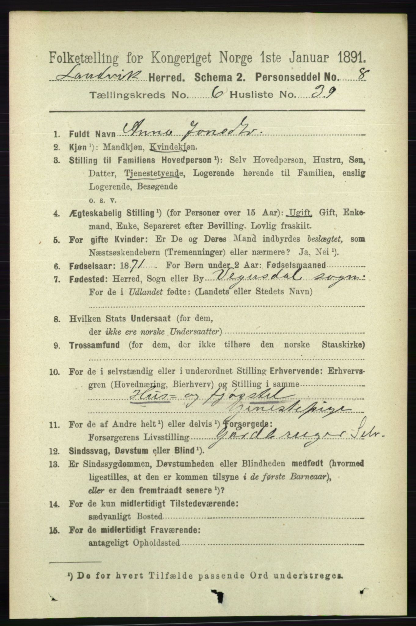 RA, 1891 census for 0924 Landvik, 1891, p. 2718