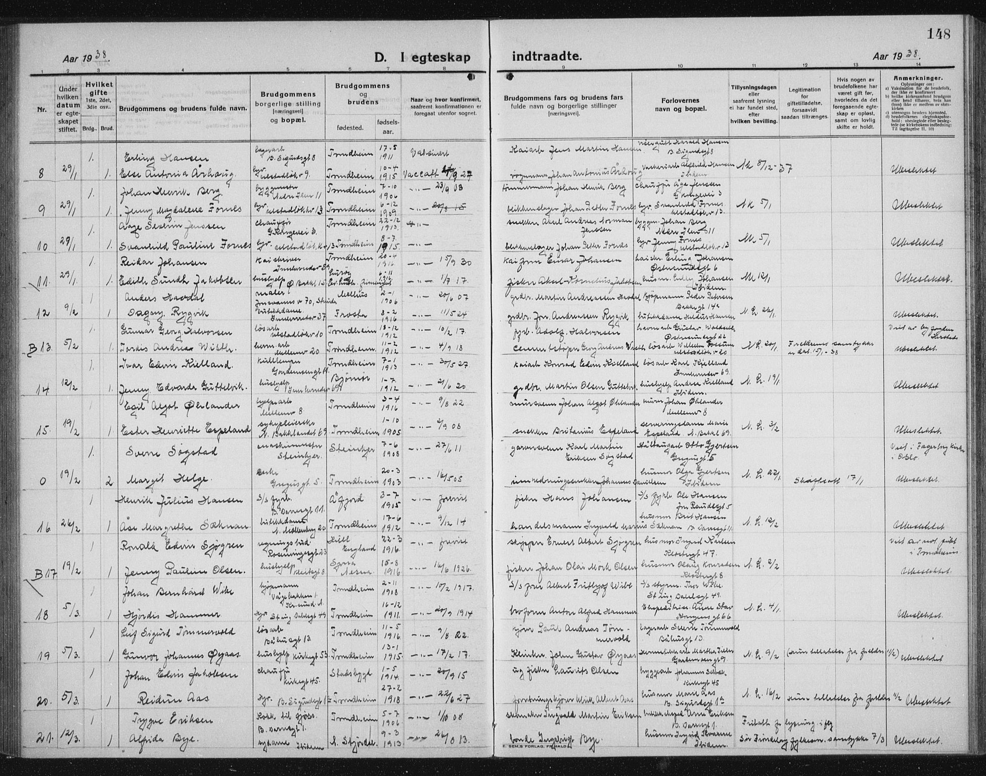 Ministerialprotokoller, klokkerbøker og fødselsregistre - Sør-Trøndelag, AV/SAT-A-1456/605/L0260: Parish register (copy) no. 605C07, 1922-1942, p. 148