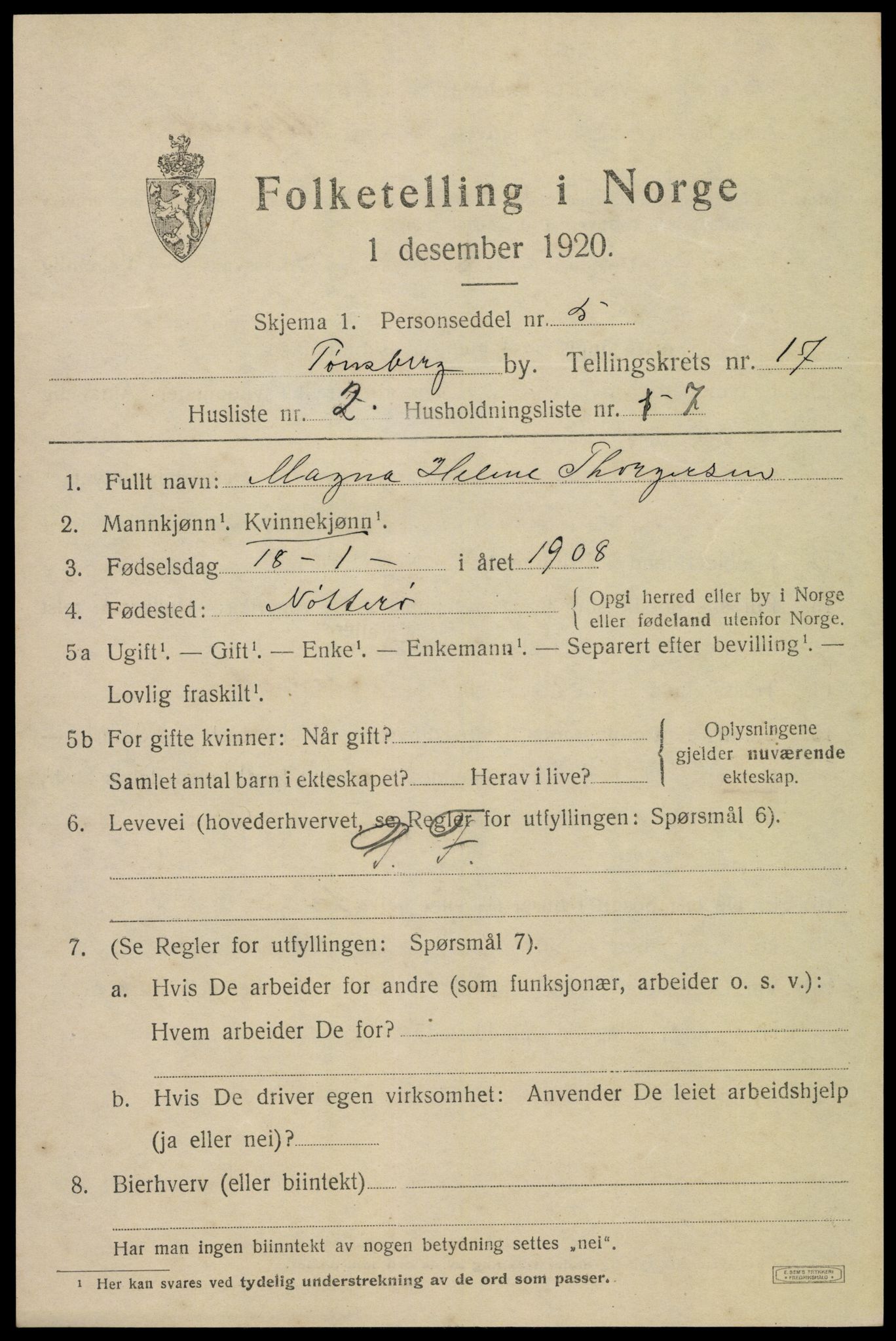 SAKO, 1920 census for Tønsberg, 1920, p. 25815