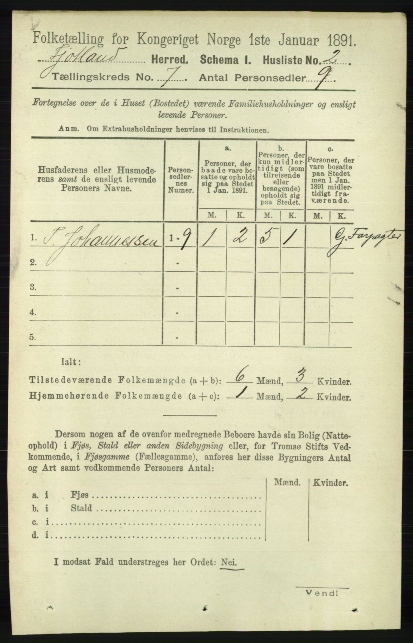 RA, 1891 census for 1036 Fjotland, 1891, p. 996