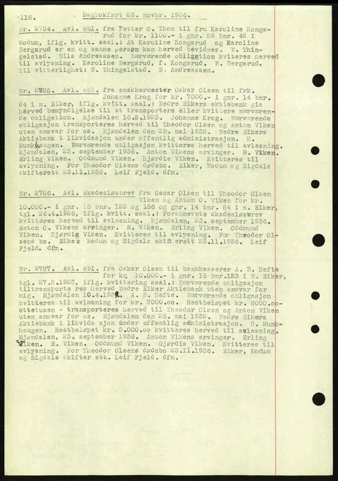Eiker, Modum og Sigdal sorenskriveri, SAKO/A-123/G/Ga/Gab/L0034: Mortgage book no. A4, 1936-1937, Diary no: : 2784/1936