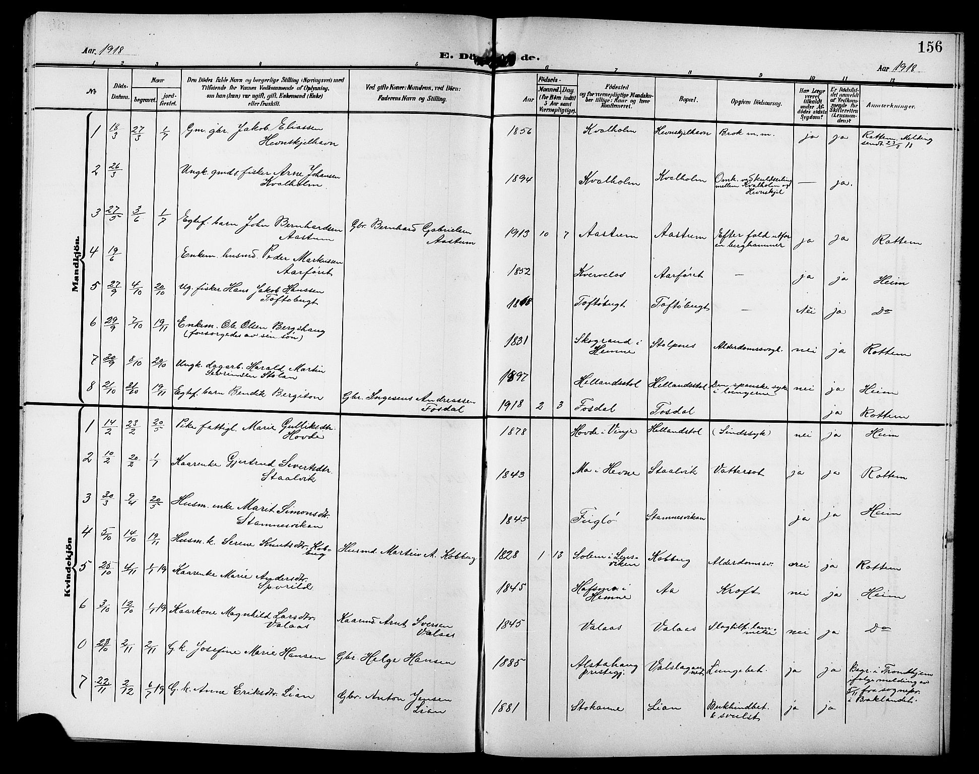 Ministerialprotokoller, klokkerbøker og fødselsregistre - Sør-Trøndelag, AV/SAT-A-1456/633/L0520: Parish register (copy) no. 633C02, 1906-1921, p. 156