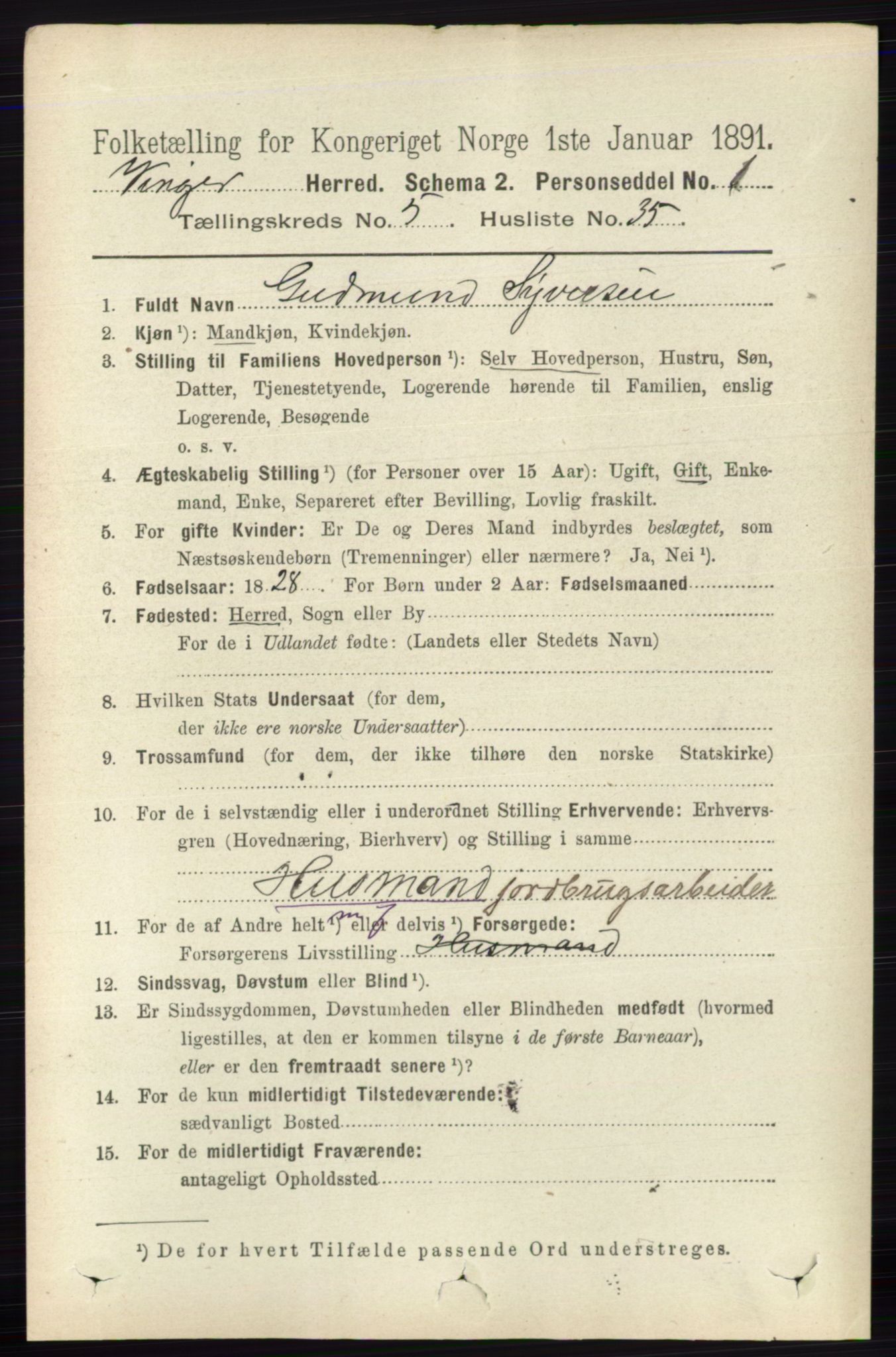 RA, 1891 census for 0421 Vinger, 1891, p. 2243