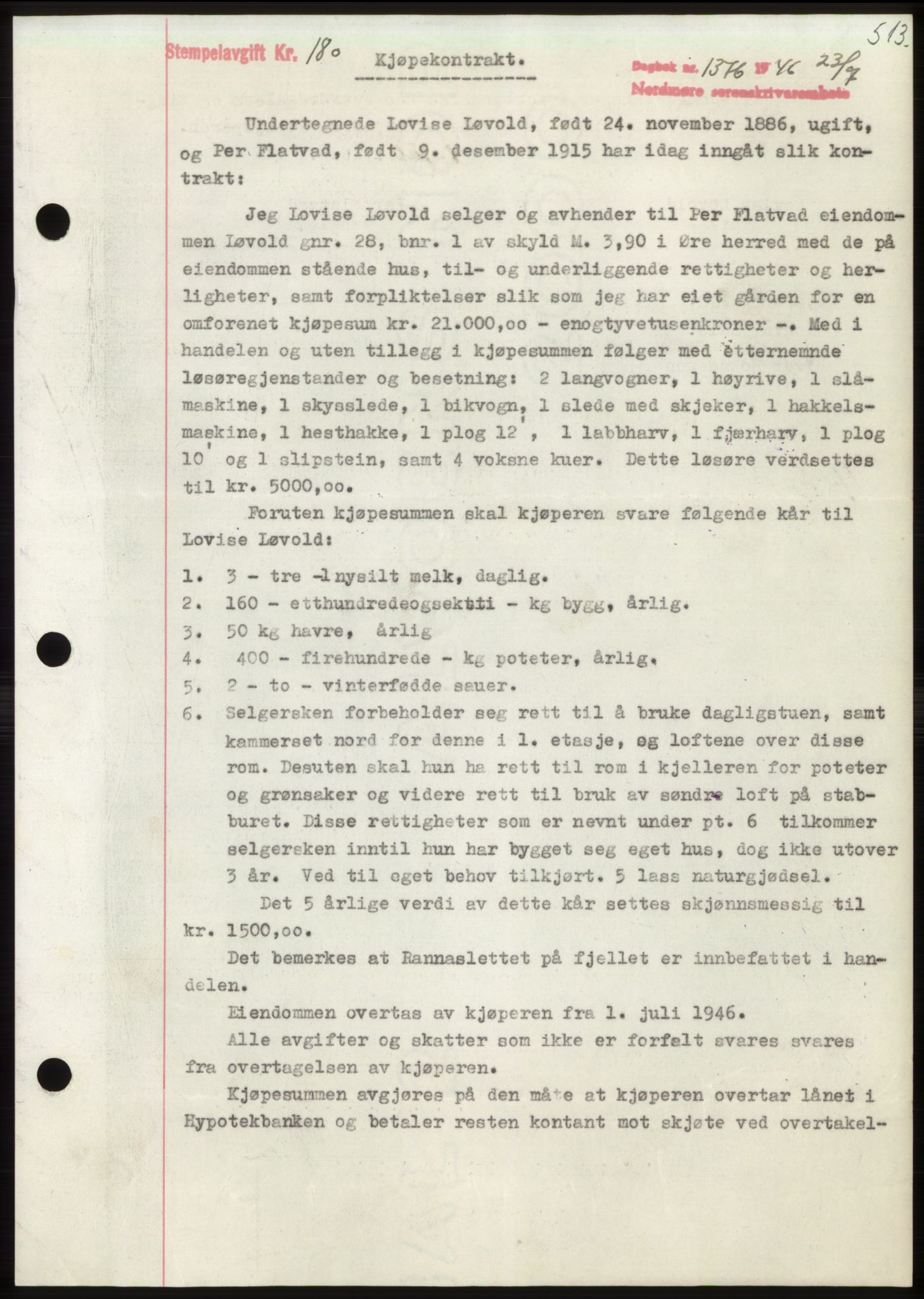 Nordmøre sorenskriveri, AV/SAT-A-4132/1/2/2Ca: Mortgage book no. B94, 1946-1946, Diary no: : 1376/1946