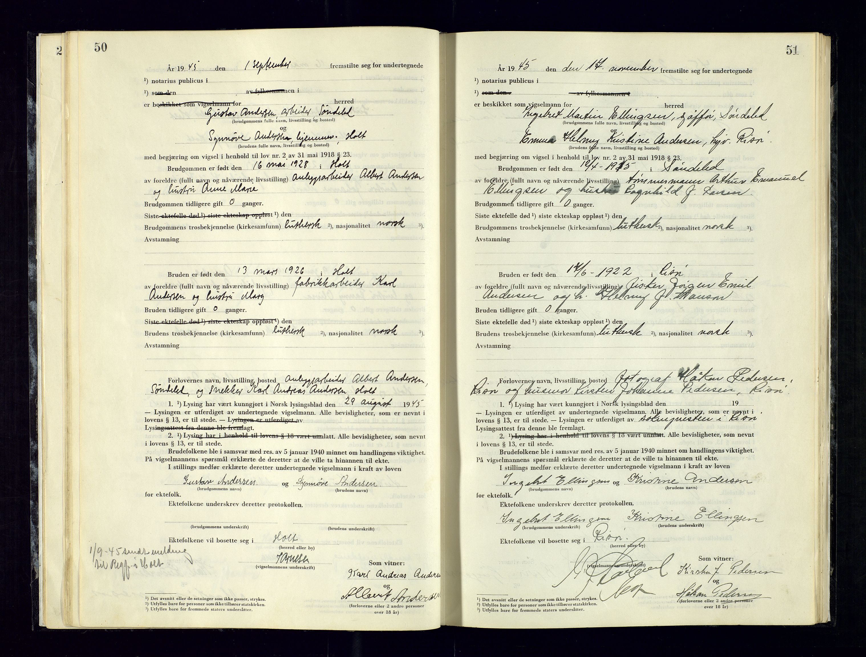 Holt sorenskriveri, AV/SAK-1221-0002/L/Ld/L0003: Vigselbok nr. 2, 1944-1964, p. 50-51