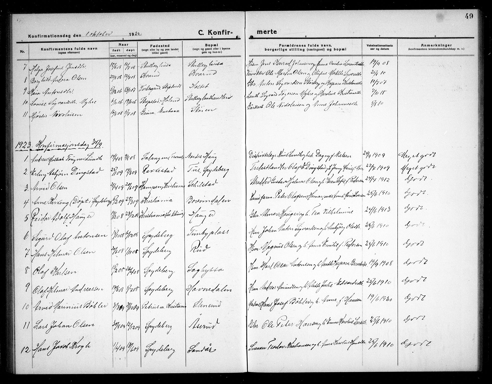 Spydeberg prestekontor Kirkebøker, AV/SAO-A-10924/G/Ga/L0003: Parish register (copy) no. I 3, 1918-1934, p. 49