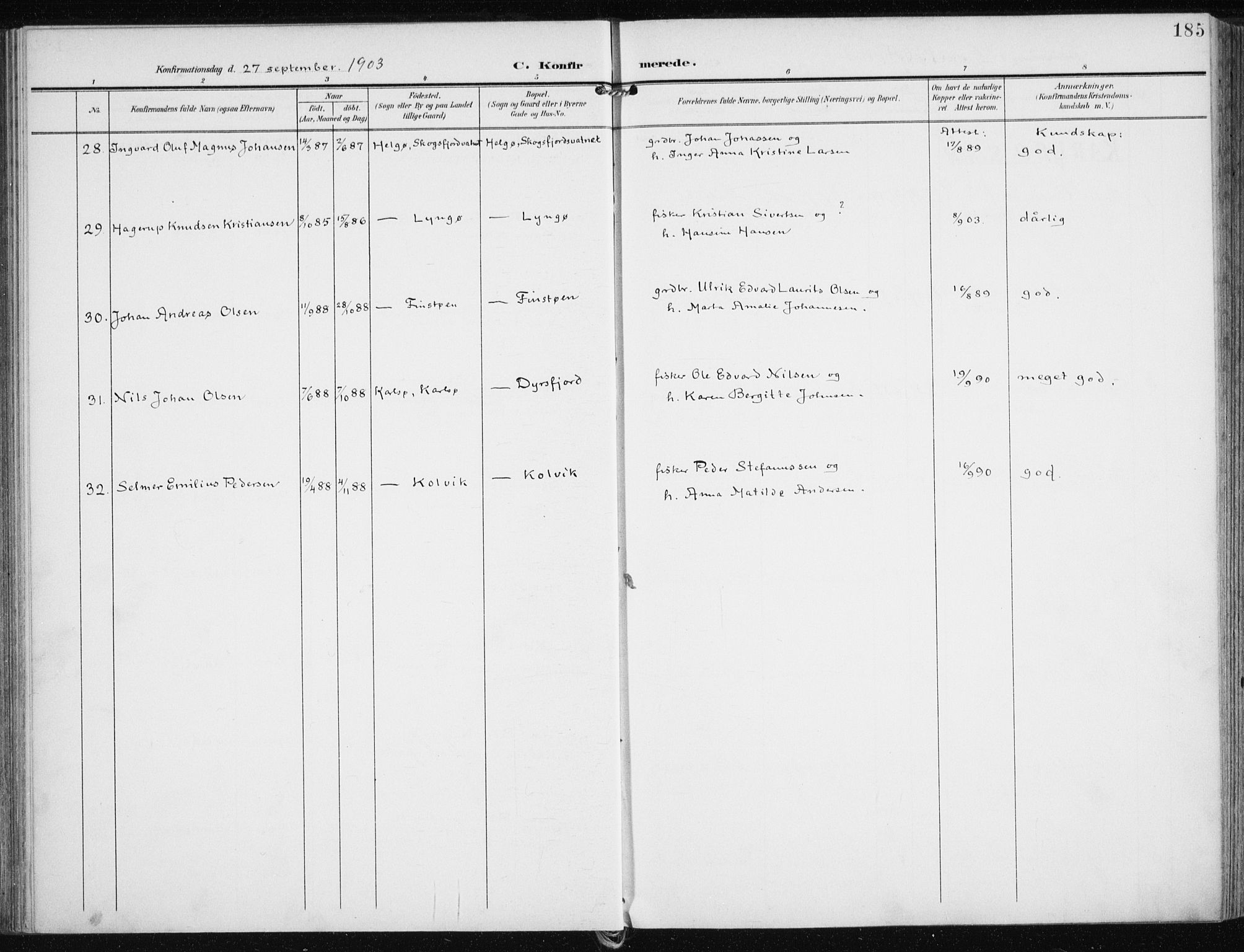 Karlsøy sokneprestembete, AV/SATØ-S-1299/H/Ha/Haa/L0014kirke: Parish register (official) no. 14, 1903-1917, p. 185