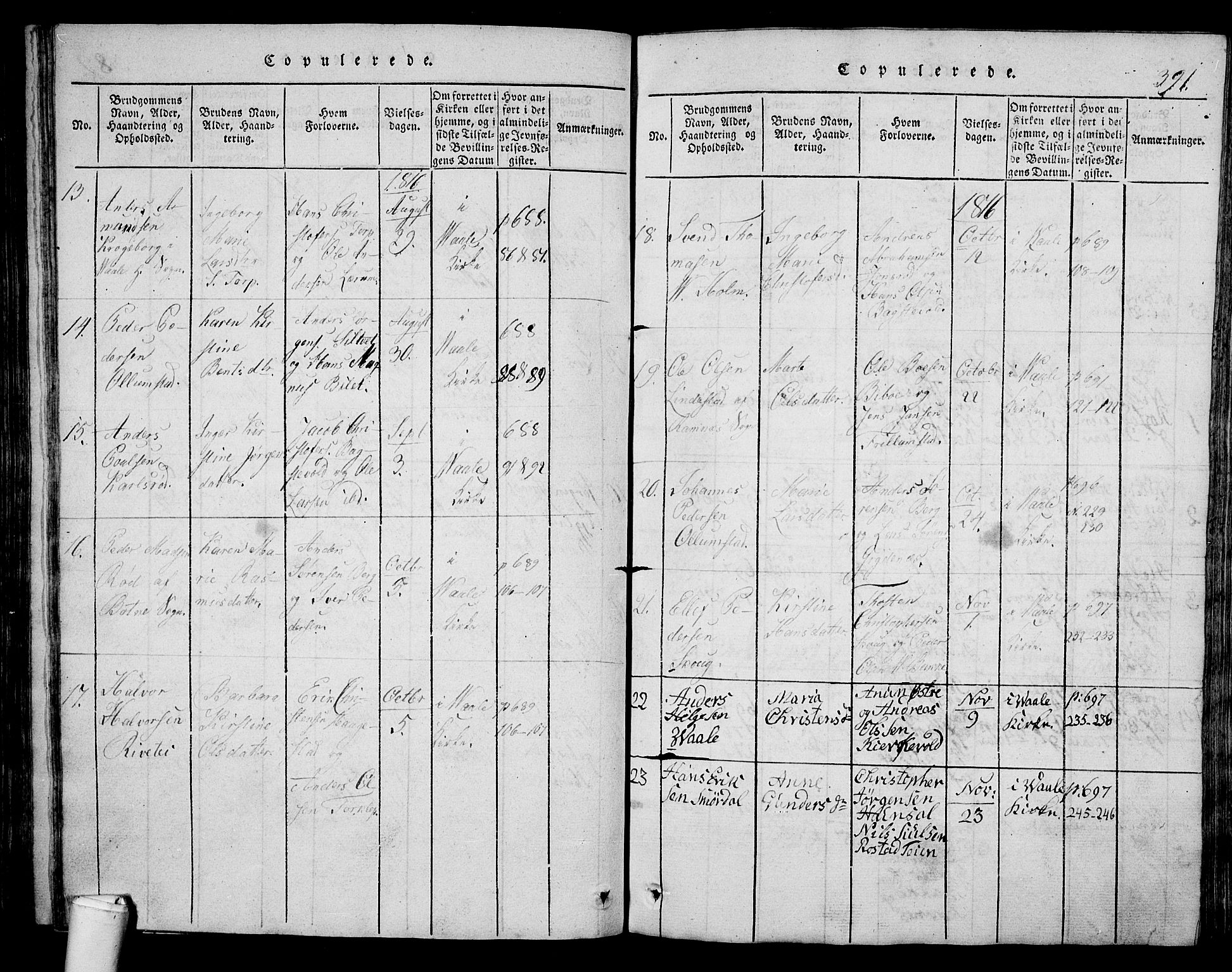 Våle kirkebøker, AV/SAKO-A-334/G/Ga/L0001: Parish register (copy) no. I 1, 1814-1824, p. 390-391