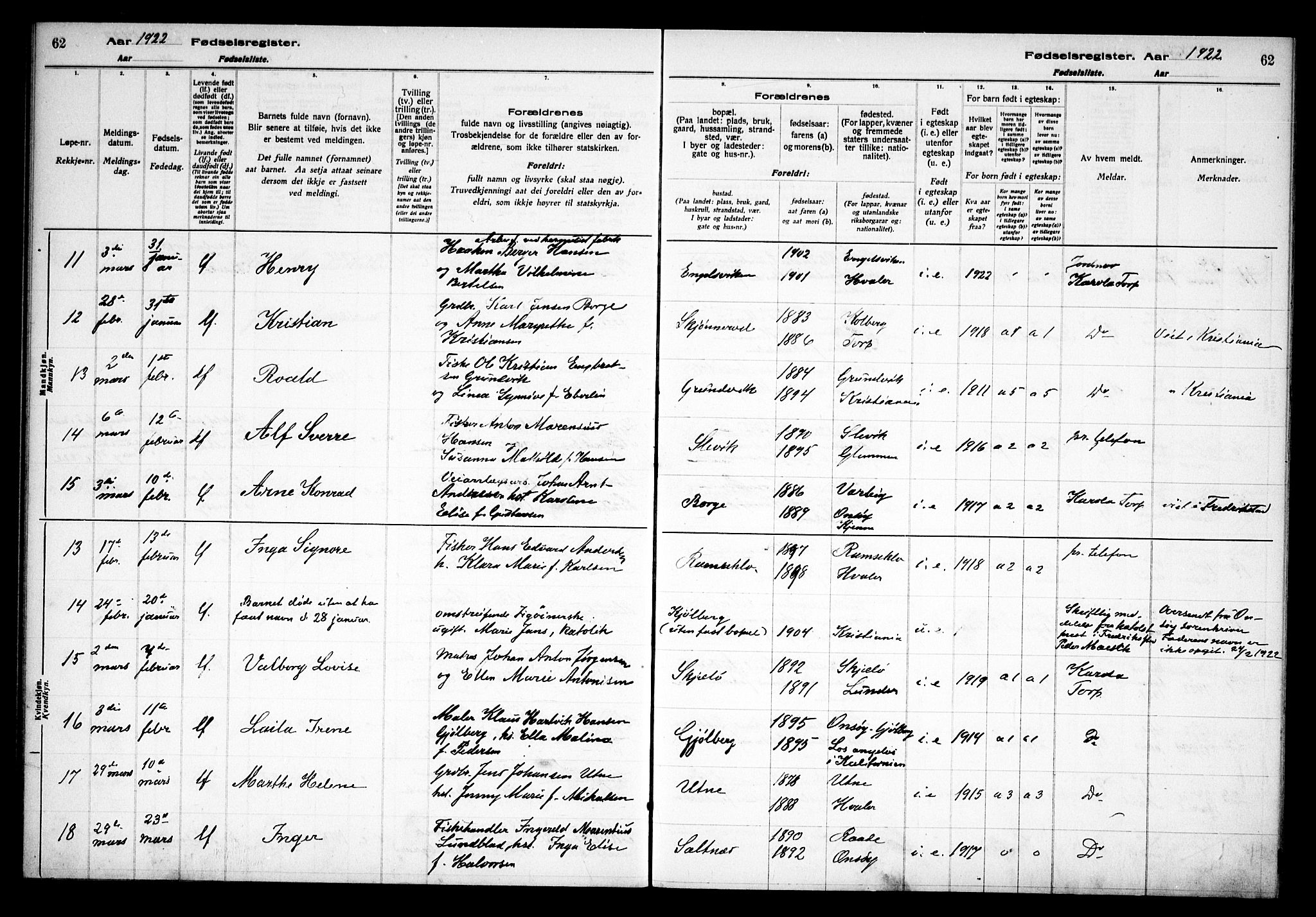 Onsøy prestekontor Kirkebøker, AV/SAO-A-10914/J/Ja/L0001: Birth register no. I 1, 1916-1937, p. 62