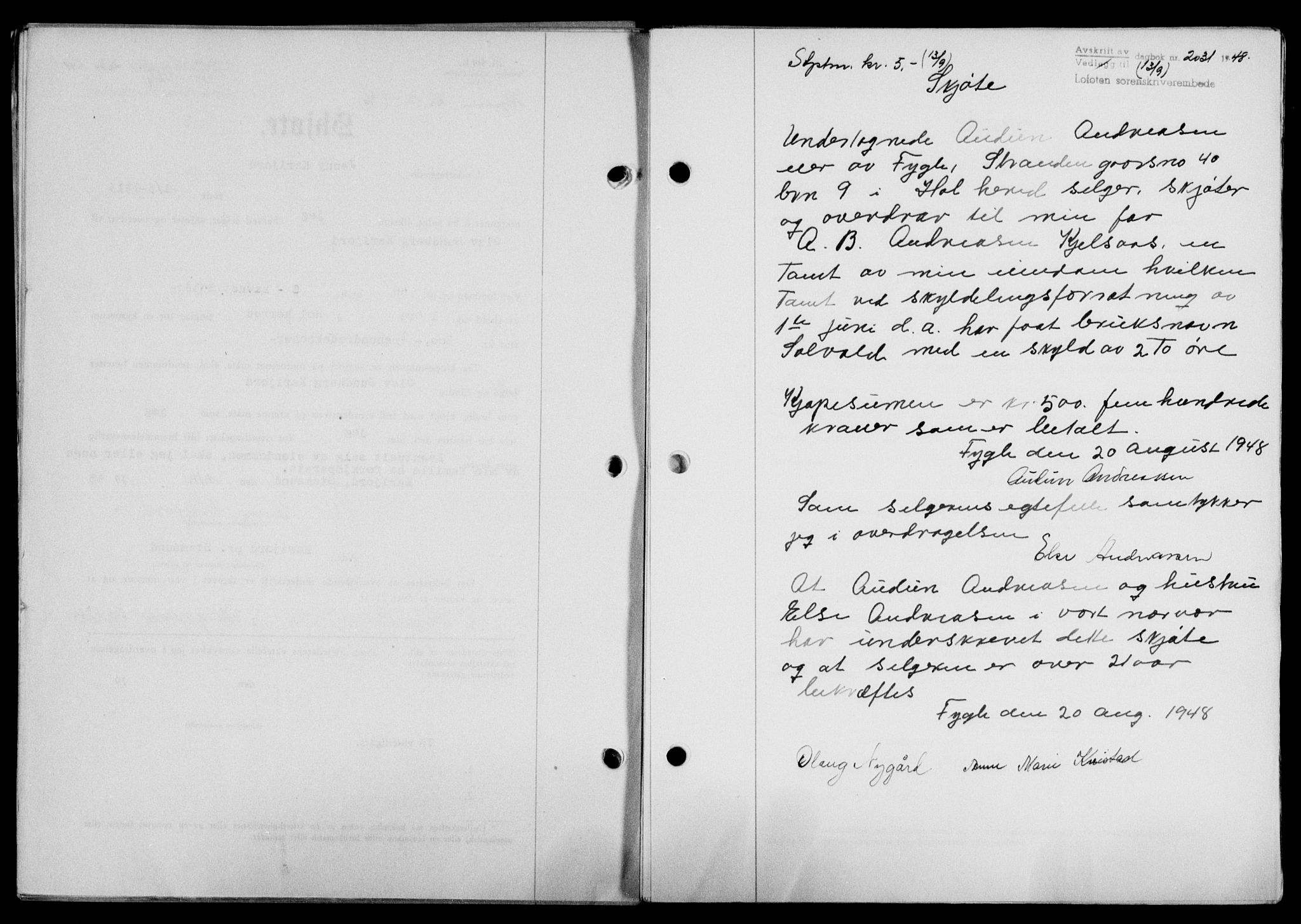 Lofoten sorenskriveri, SAT/A-0017/1/2/2C/L0019a: Mortgage book no. 19a, 1948-1948, Diary no: : 2031/1948