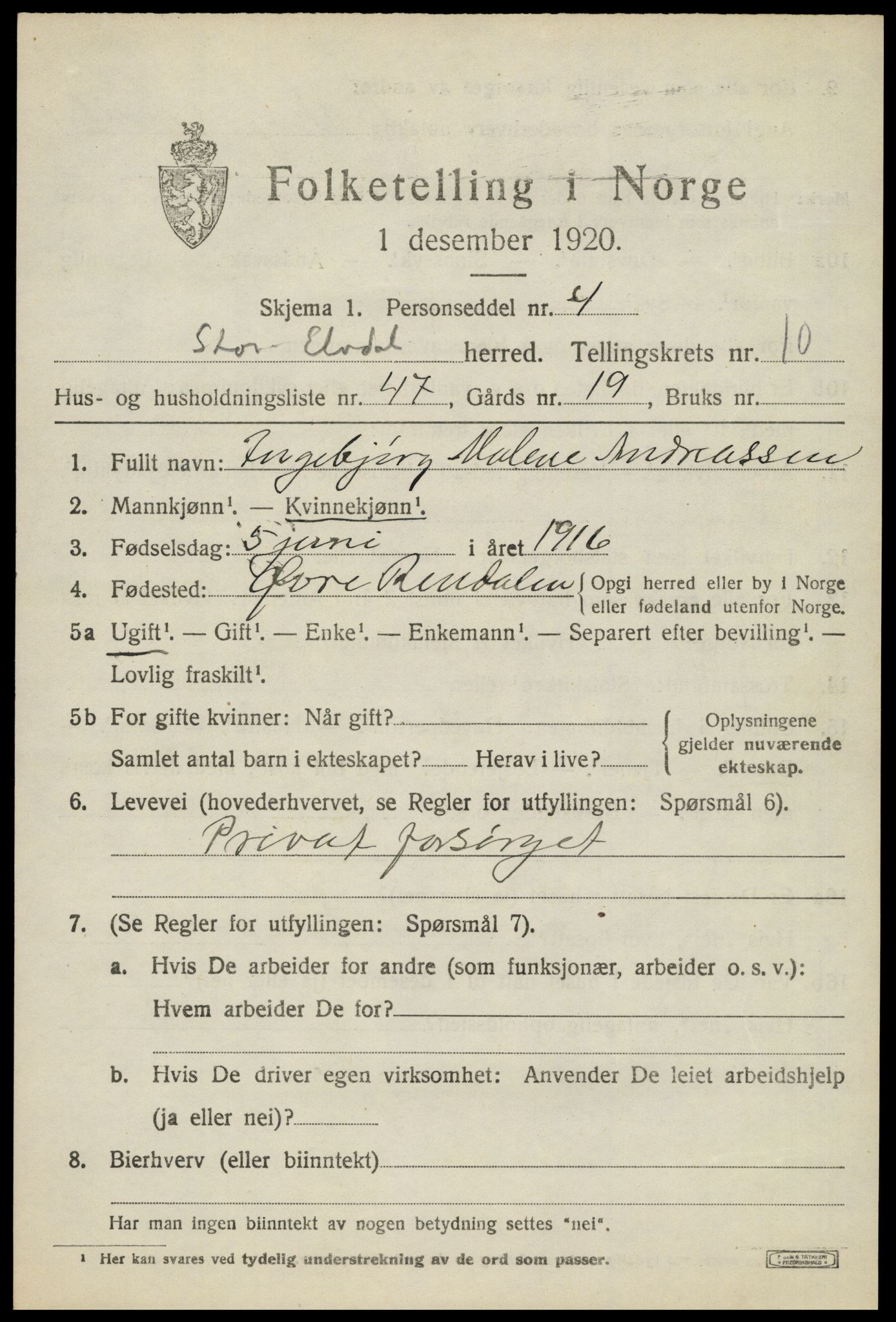SAH, 1920 census for Stor-Elvdal, 1920, p. 9668