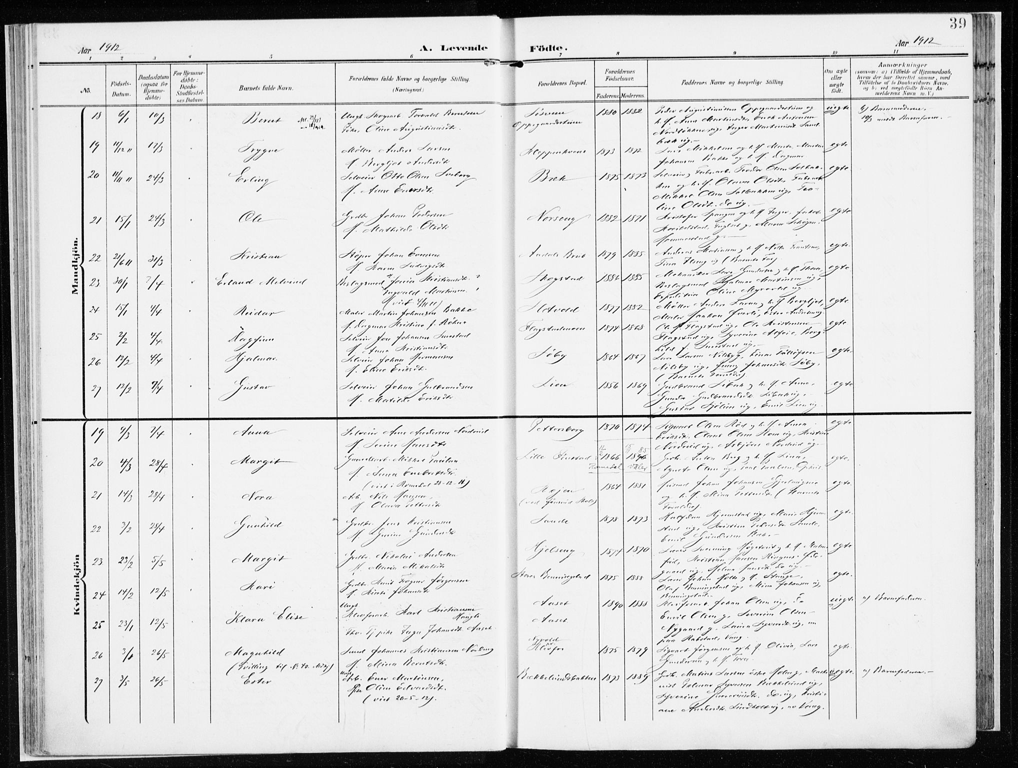 Løten prestekontor, AV/SAH-PREST-022/K/Ka/L0011: Parish register (official) no. 11, 1908-1917, p. 39