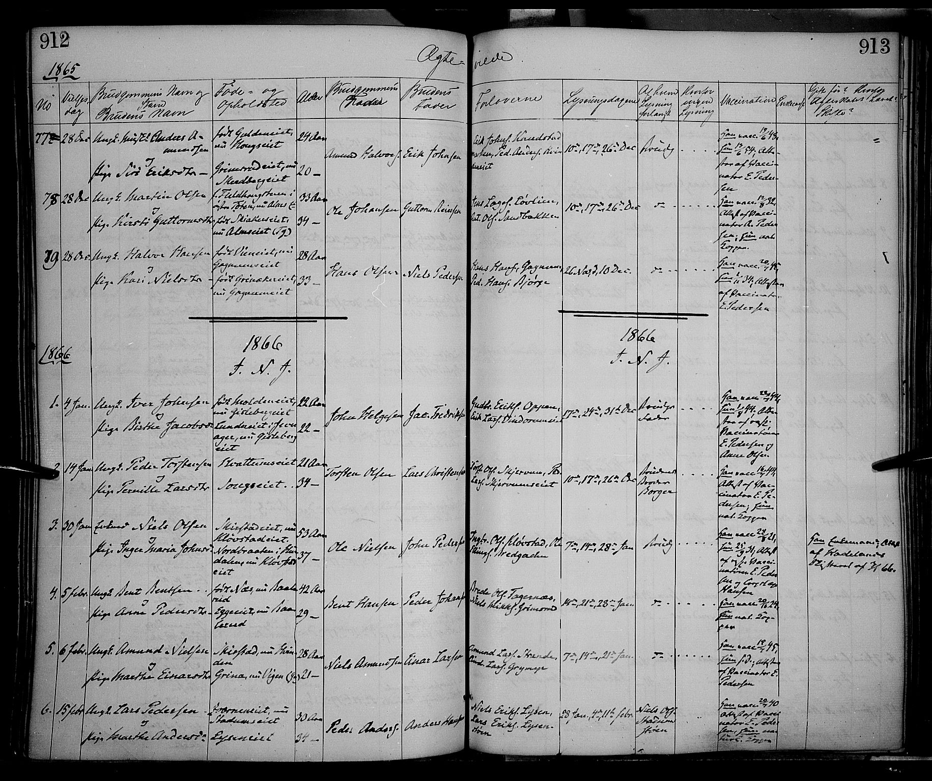 Gran prestekontor, SAH/PREST-112/H/Ha/Haa/L0012: Parish register (official) no. 12, 1856-1874, p. 912-913