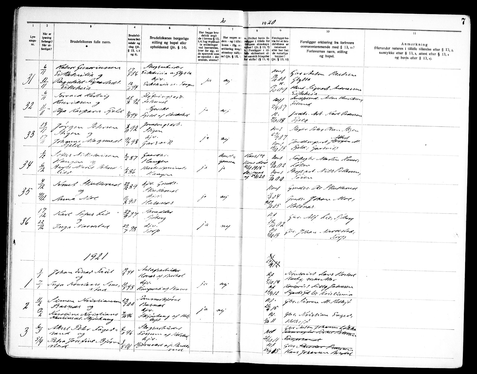 Høland prestekontor Kirkebøker, AV/SAO-A-10346a/H/Ha/L0001: Banns register no. I 1, 1919-1947, p. 7