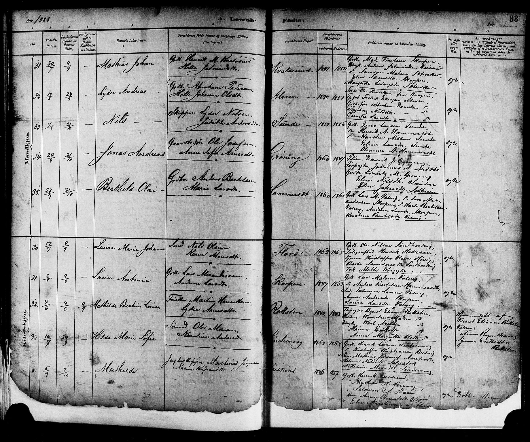 Kinn sokneprestembete, AV/SAB-A-80801/H/Hab/Haba/L0002: Parish register (copy) no. A 2, 1882-1906, p. 33