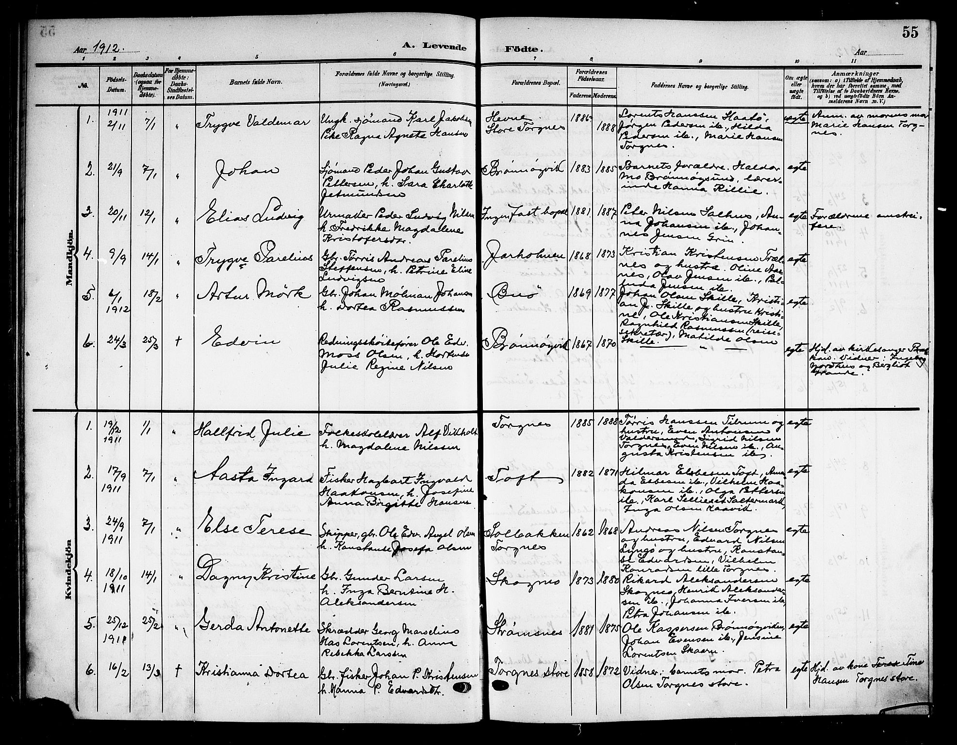 Ministerialprotokoller, klokkerbøker og fødselsregistre - Nordland, SAT/A-1459/813/L0214: Parish register (copy) no. 813C06, 1904-1917, p. 55