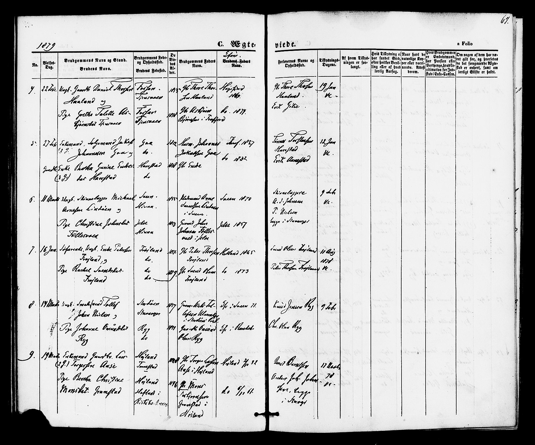 Hetland sokneprestkontor, AV/SAST-A-101826/30/30BA/L0005: Parish register (official) no. A 5, 1869-1884, p. 67