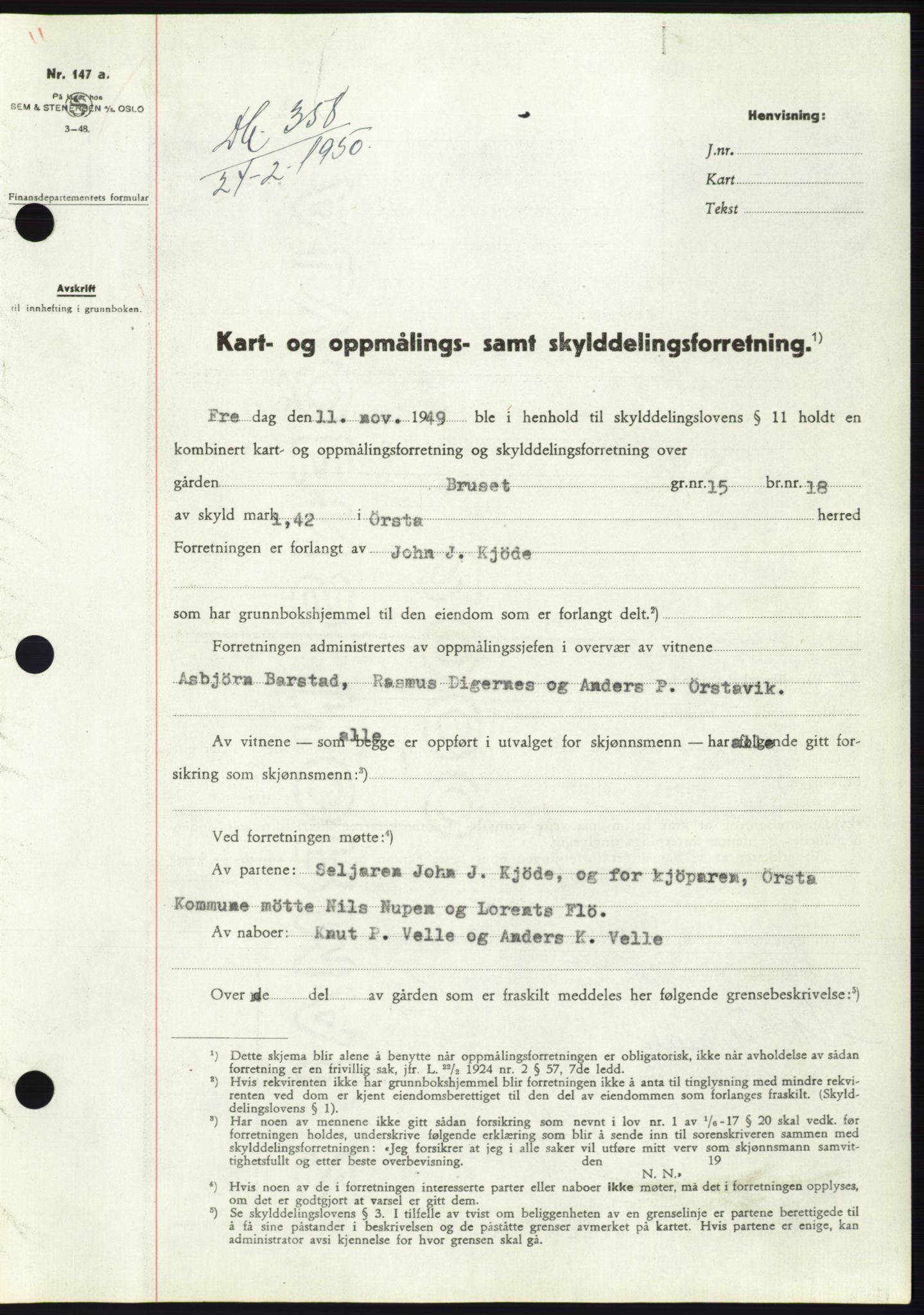 Søre Sunnmøre sorenskriveri, AV/SAT-A-4122/1/2/2C/L0086: Mortgage book no. 12A, 1949-1950, Diary no: : 358/1950