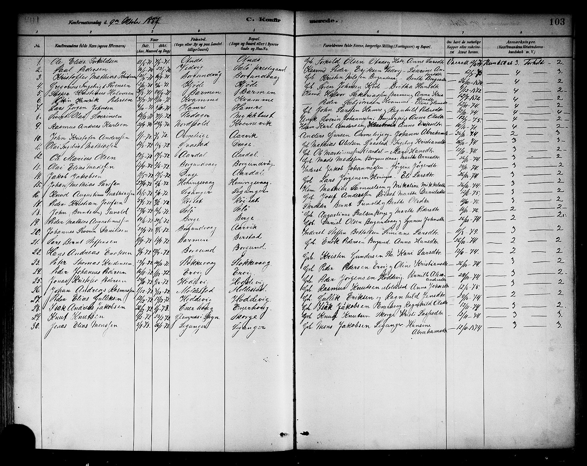Selje sokneprestembete, SAB/A-99938/H/Ha/Haa/Haab: Parish register (official) no. B 1, 1881-1890, p. 103