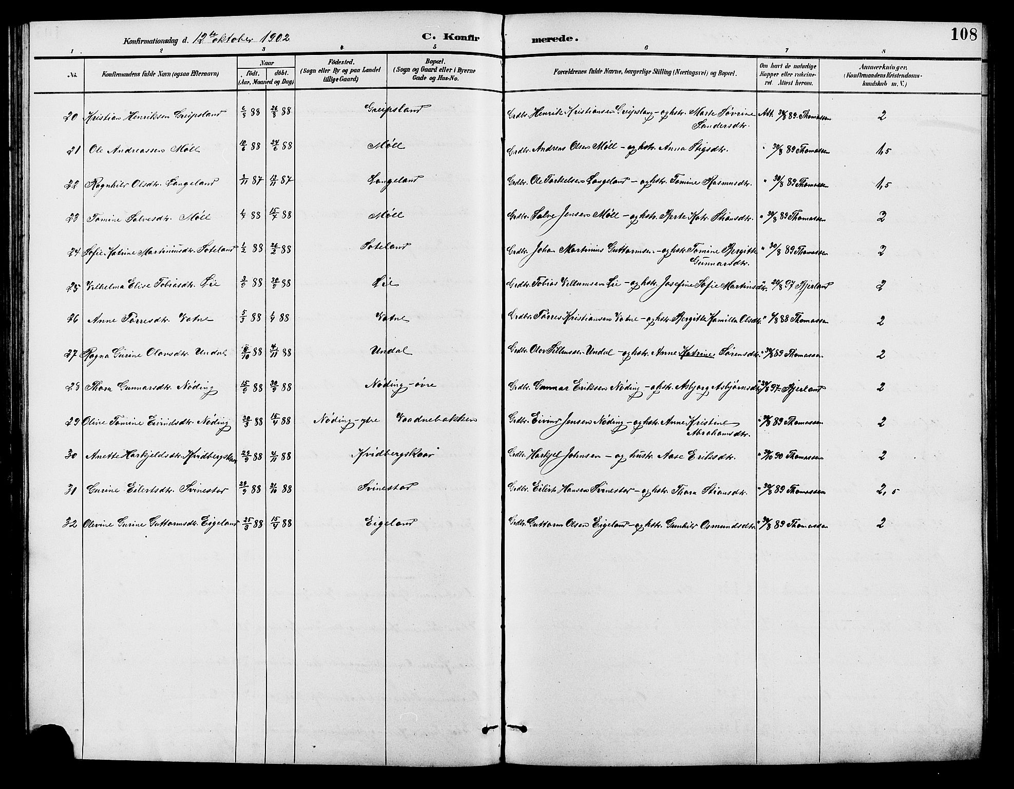 Holum sokneprestkontor, SAK/1111-0022/F/Fb/Fba/L0005: Parish register (copy) no. B 5, 1891-1909, p. 108