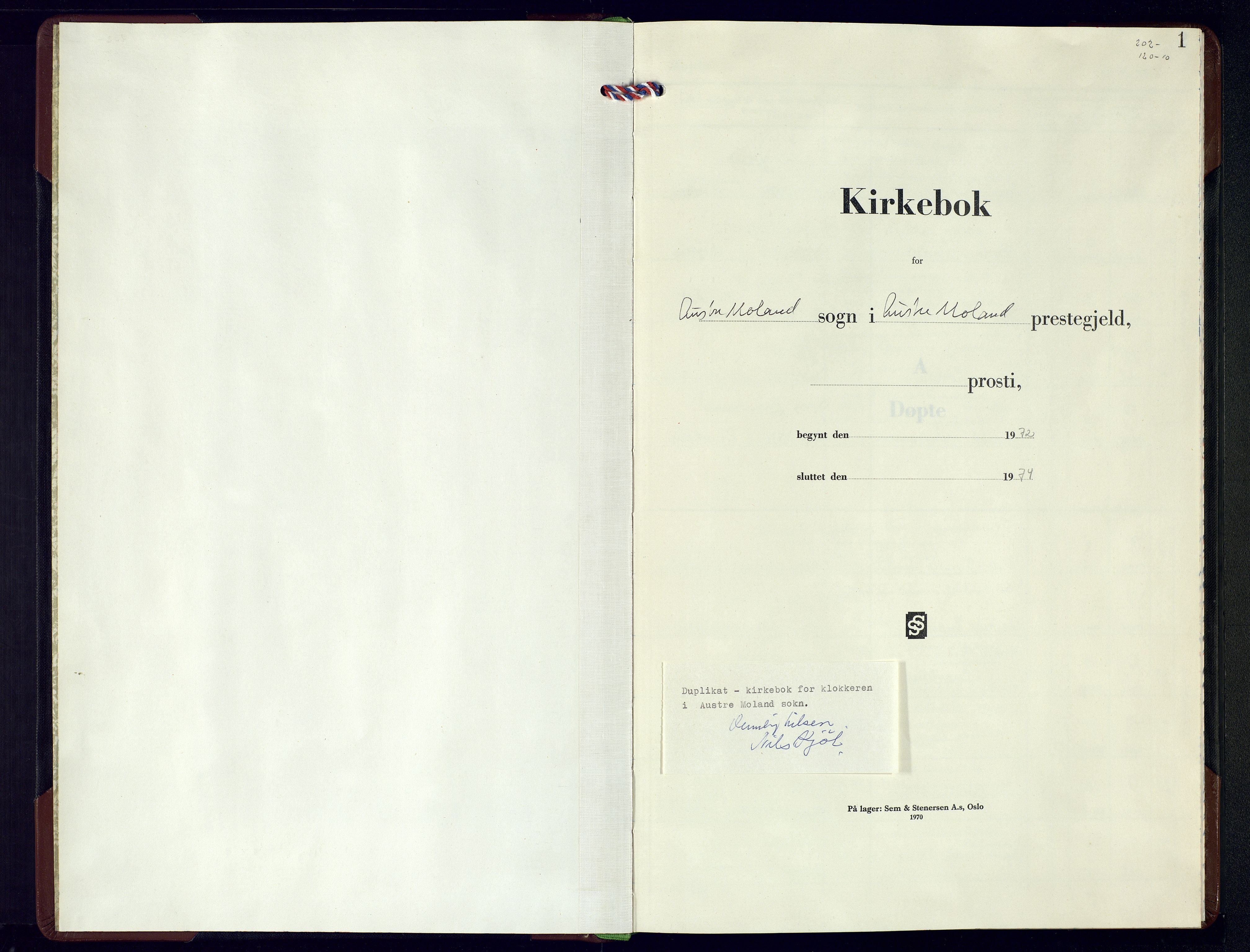 Austre Moland sokneprestkontor, AV/SAK-1111-0001/F/Fb/Fba/L0007: Parish register (copy) no. B-6, 1972-1974, p. 1