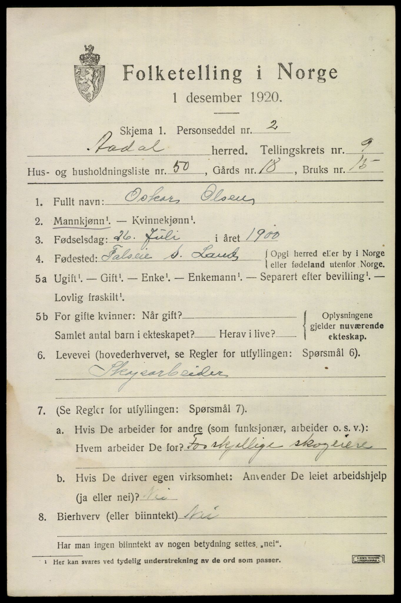 SAKO, 1920 census for Ådal, 1920, p. 6528