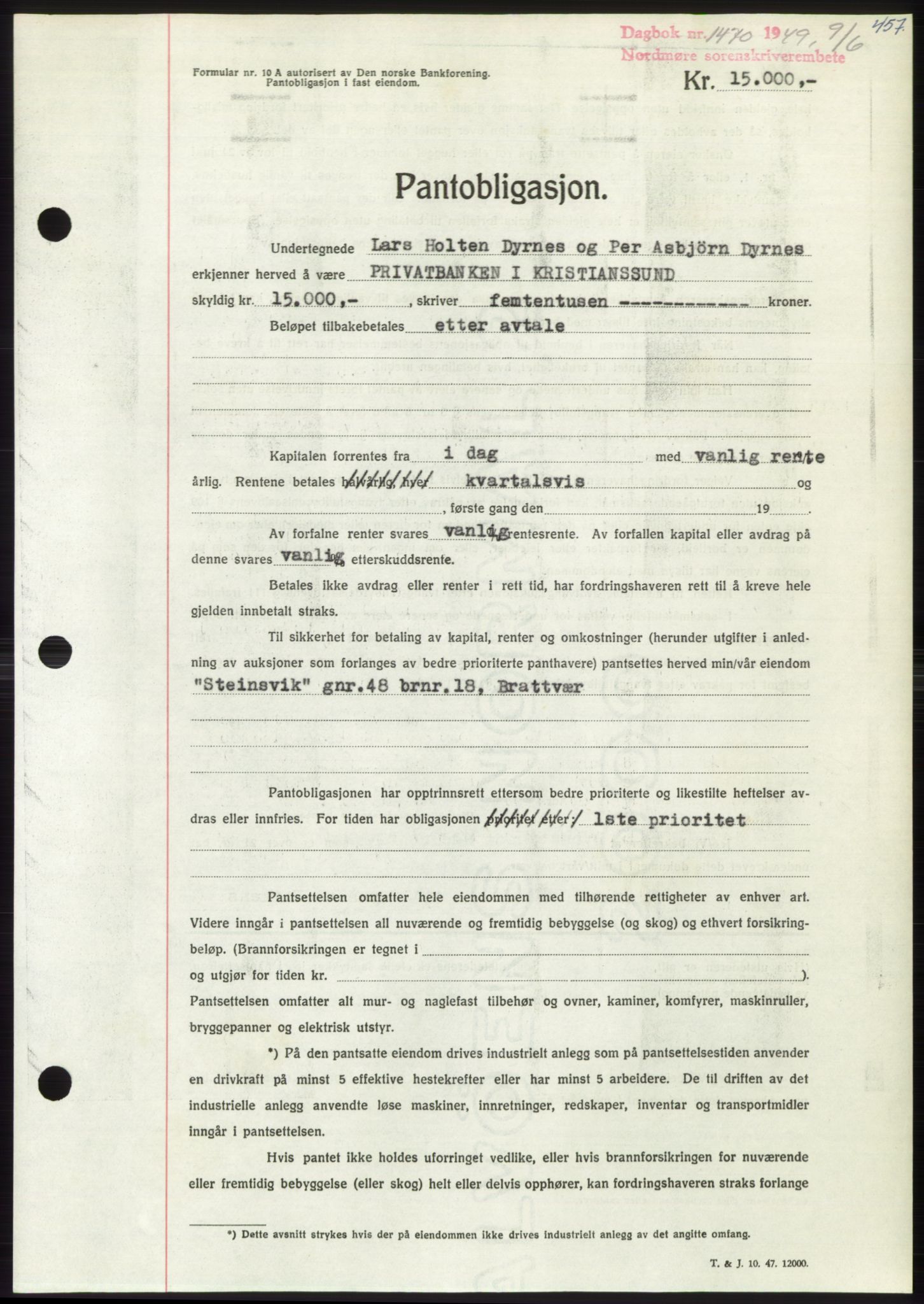 Nordmøre sorenskriveri, AV/SAT-A-4132/1/2/2Ca: Mortgage book no. B101, 1949-1949, Diary no: : 1470/1949