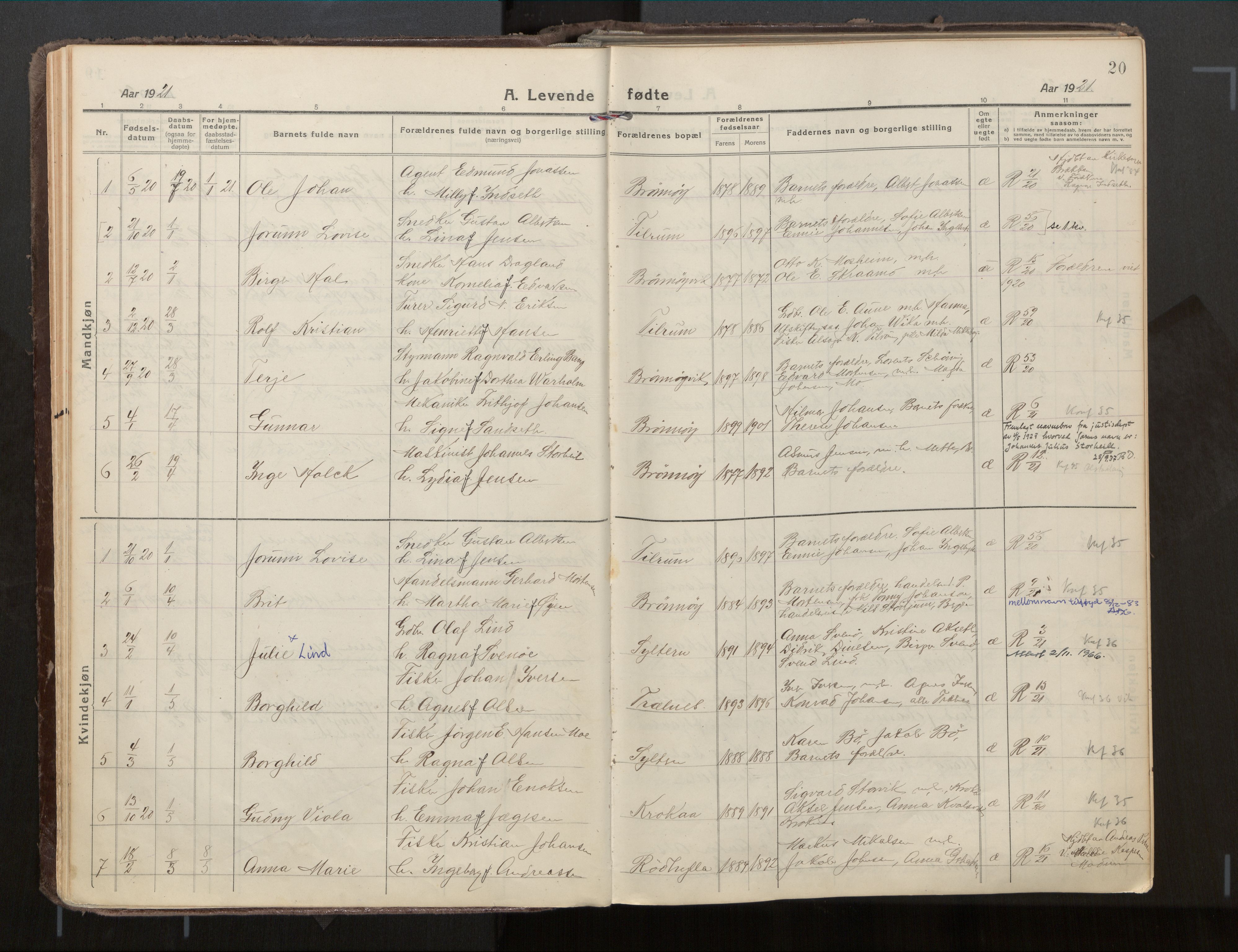 Ministerialprotokoller, klokkerbøker og fødselsregistre - Nordland, SAT/A-1459/813/L0207a: Parish register (official) no. 813A18, 1919-1927, p. 20