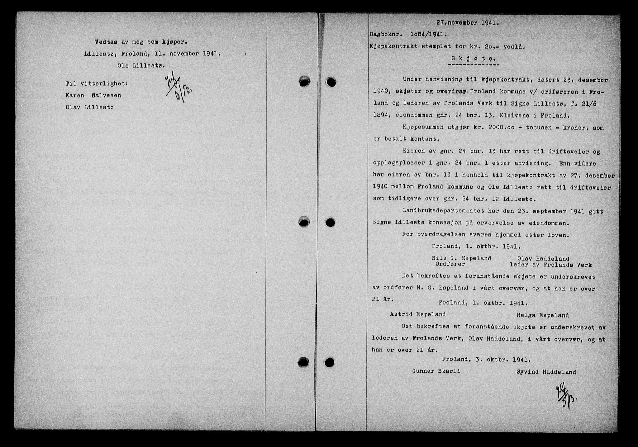 Nedenes sorenskriveri, SAK/1221-0006/G/Gb/Gba/L0049: Mortgage book no. A-III, 1941-1942, Diary no: : 1084/1941