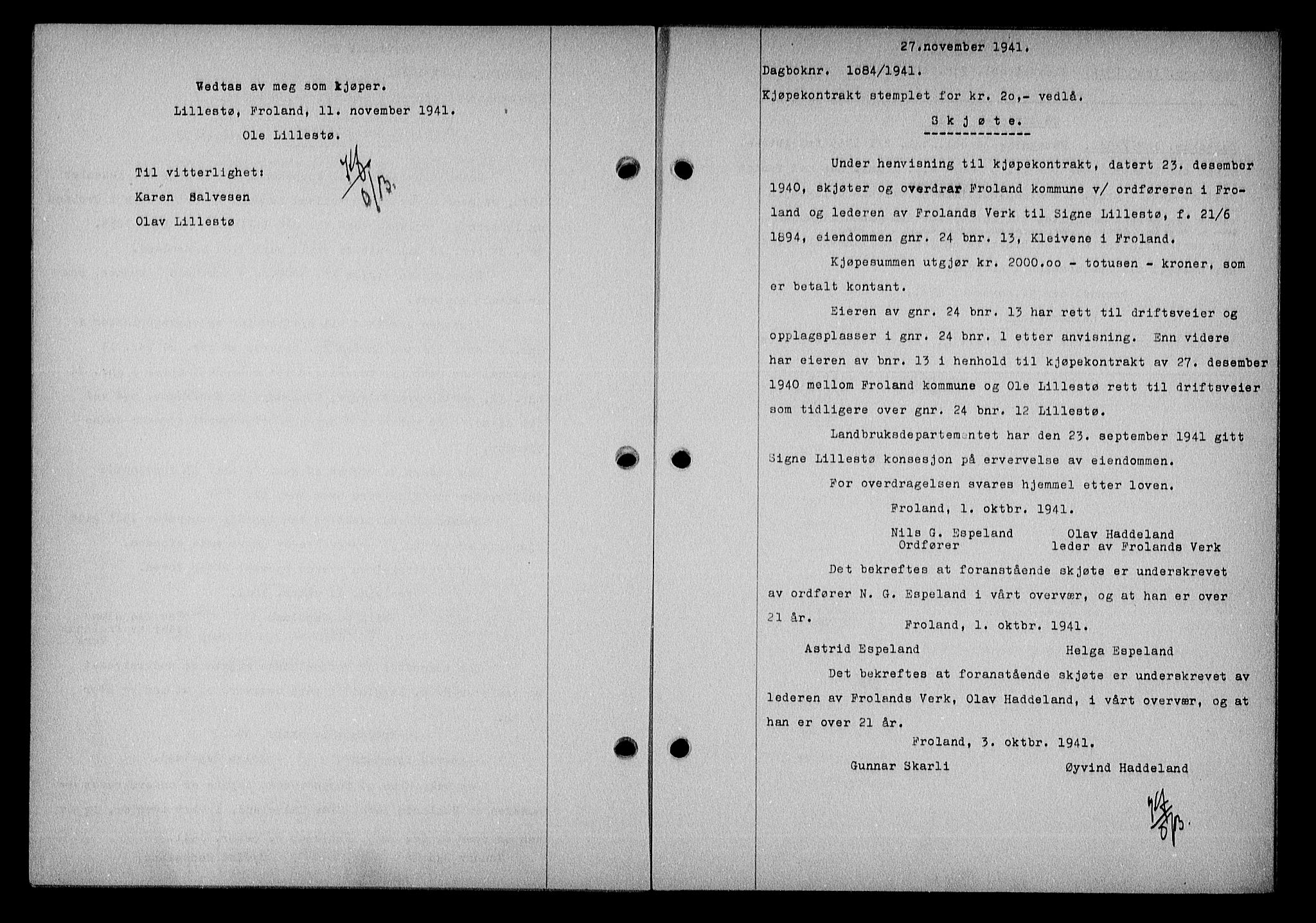 Nedenes sorenskriveri, AV/SAK-1221-0006/G/Gb/Gba/L0049: Mortgage book no. A-III, 1941-1942, Diary no: : 1084/1941